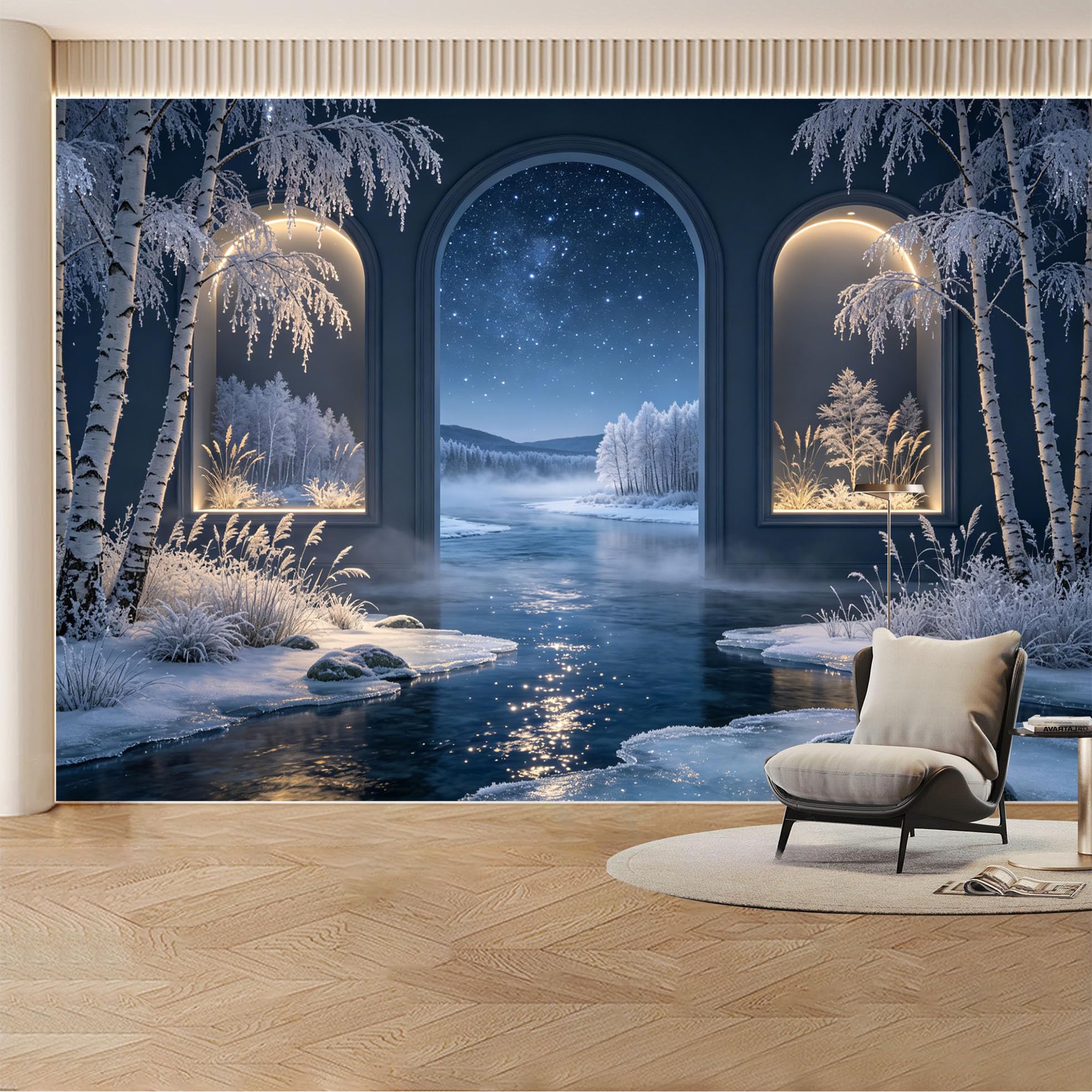 Custom Wall Mural Wallpaper Winter River Forest Landscape Nature Large Wall Art Mural Design Nordic Misty Removable SelfAdhesive Large Photo for Living Room， Bedroom， Office