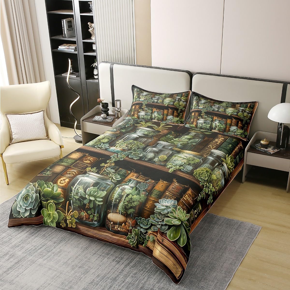Castle Fairy Cotton Bookcase Duvet Cover Full for Kids Teens,Magic Book Reading Theme 3 Pieces Duvet Cover,Wild Succulents Botanical Plants Comforter Cover (Not Comforter),Farmhouse Style Quilt Cover