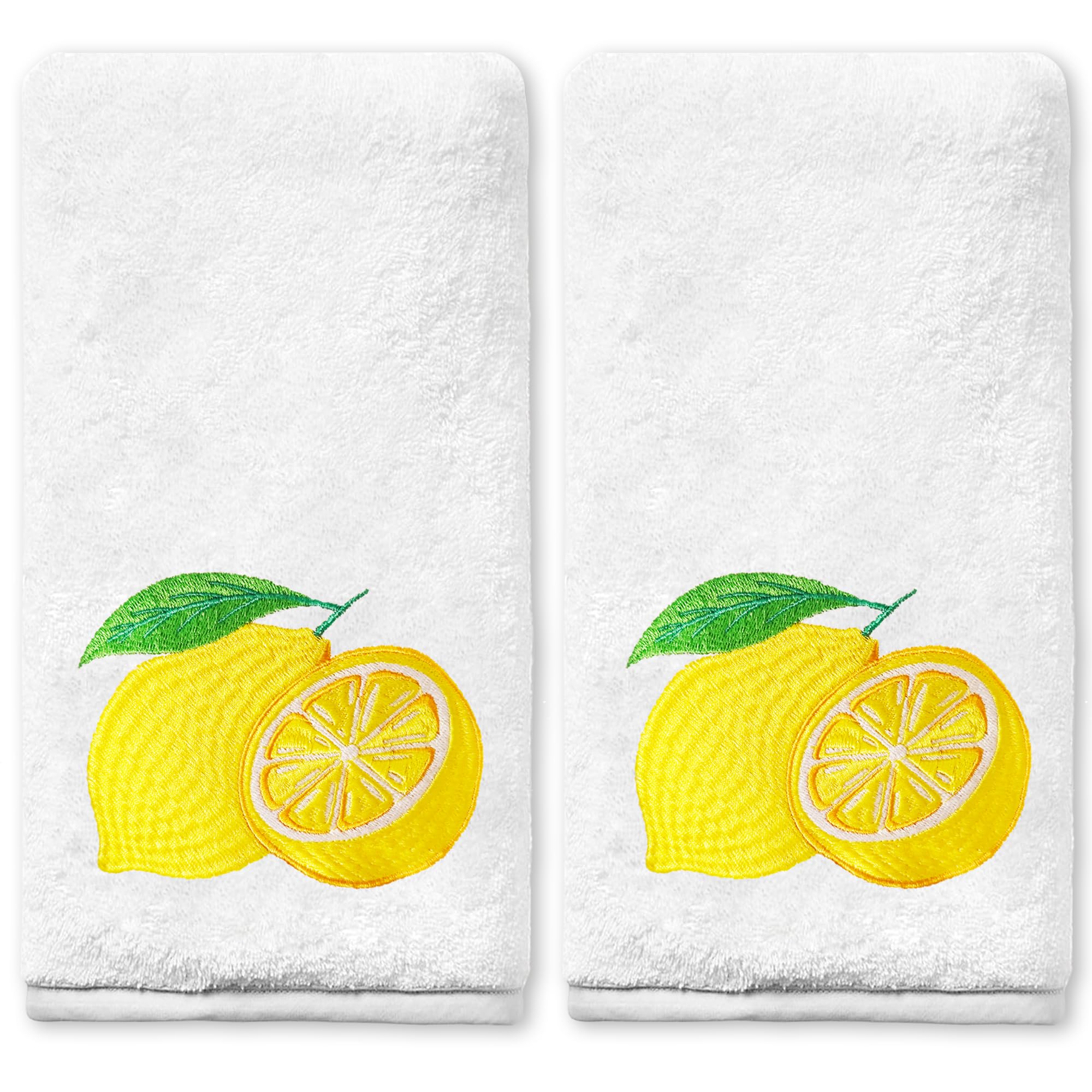 Lemon Hand Towels for Bathroom Set of 2, Spring Summer Bathroom Decor, Lemon Yellow Cotton Soft Embroidered Towels for Kitchen Bath 14x30 Inches