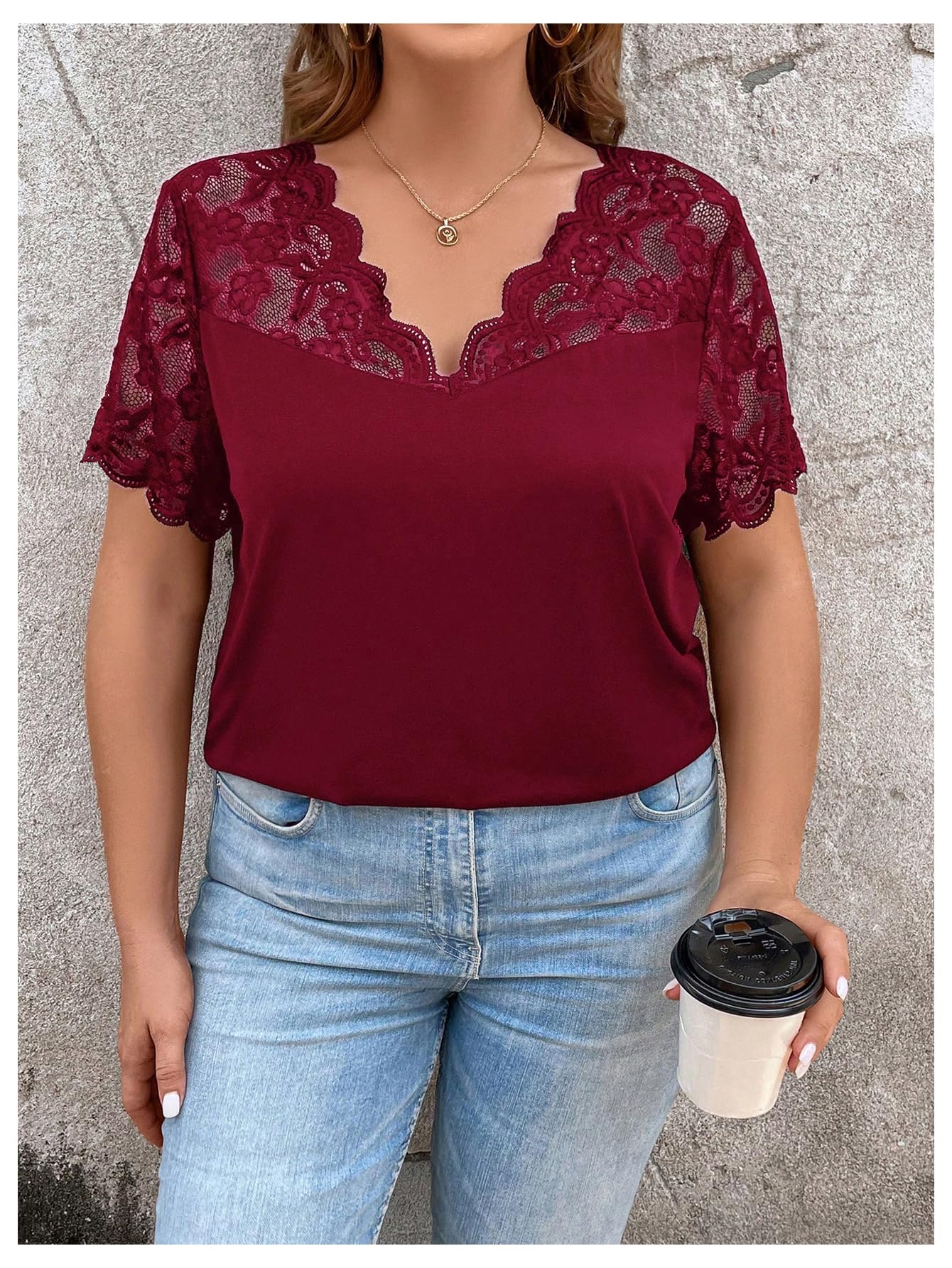 OYOANGLE Women's Plus Size Summer Lace Scallop V Neck Short Sleeve Blouse Shirt Tops