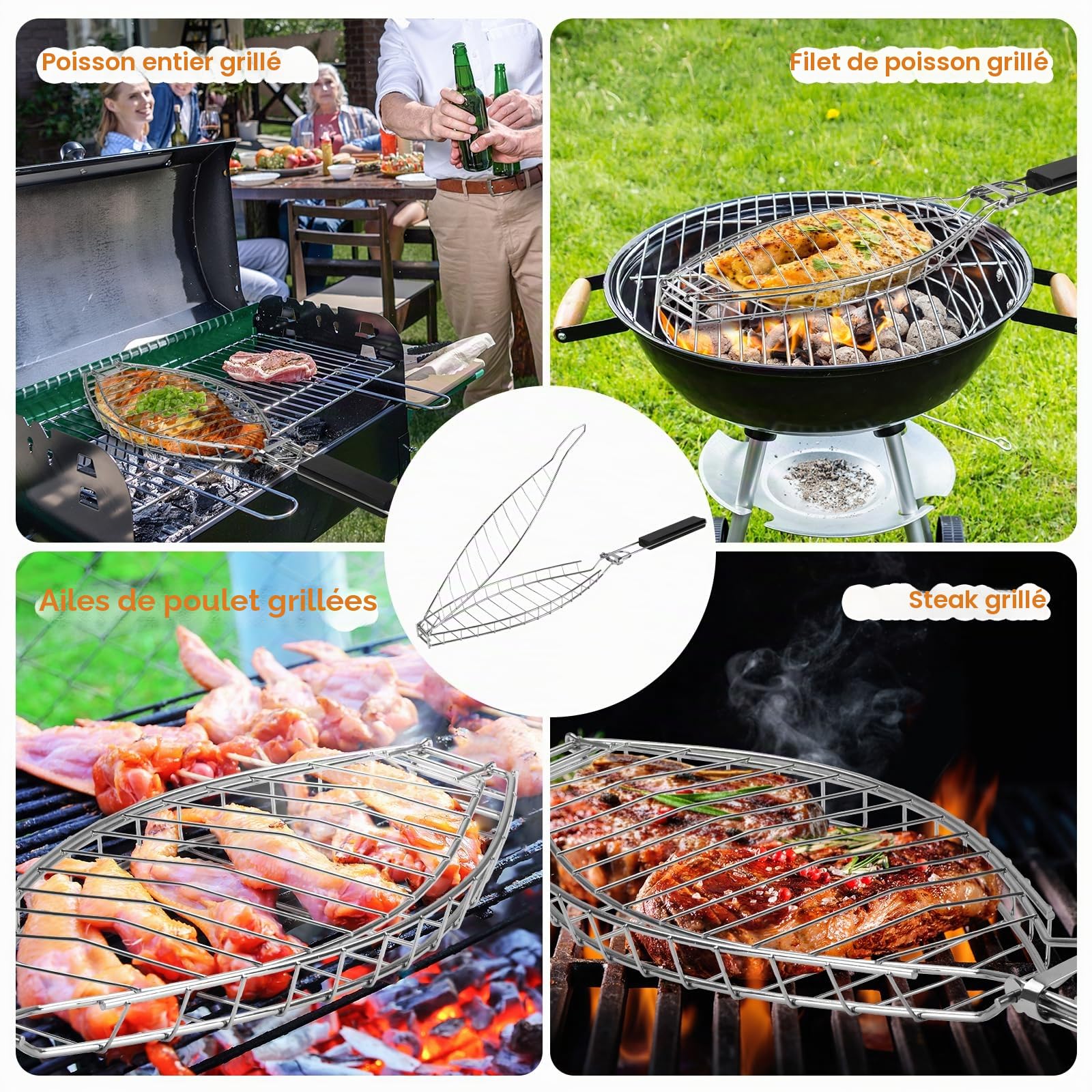 Grille Poisson pour Barbecue, Grill pour Barbecue en Acier Inoxydable avec Brosse à Huile, pour Barbecue à Poisson, Steak de Ailes de Poulet