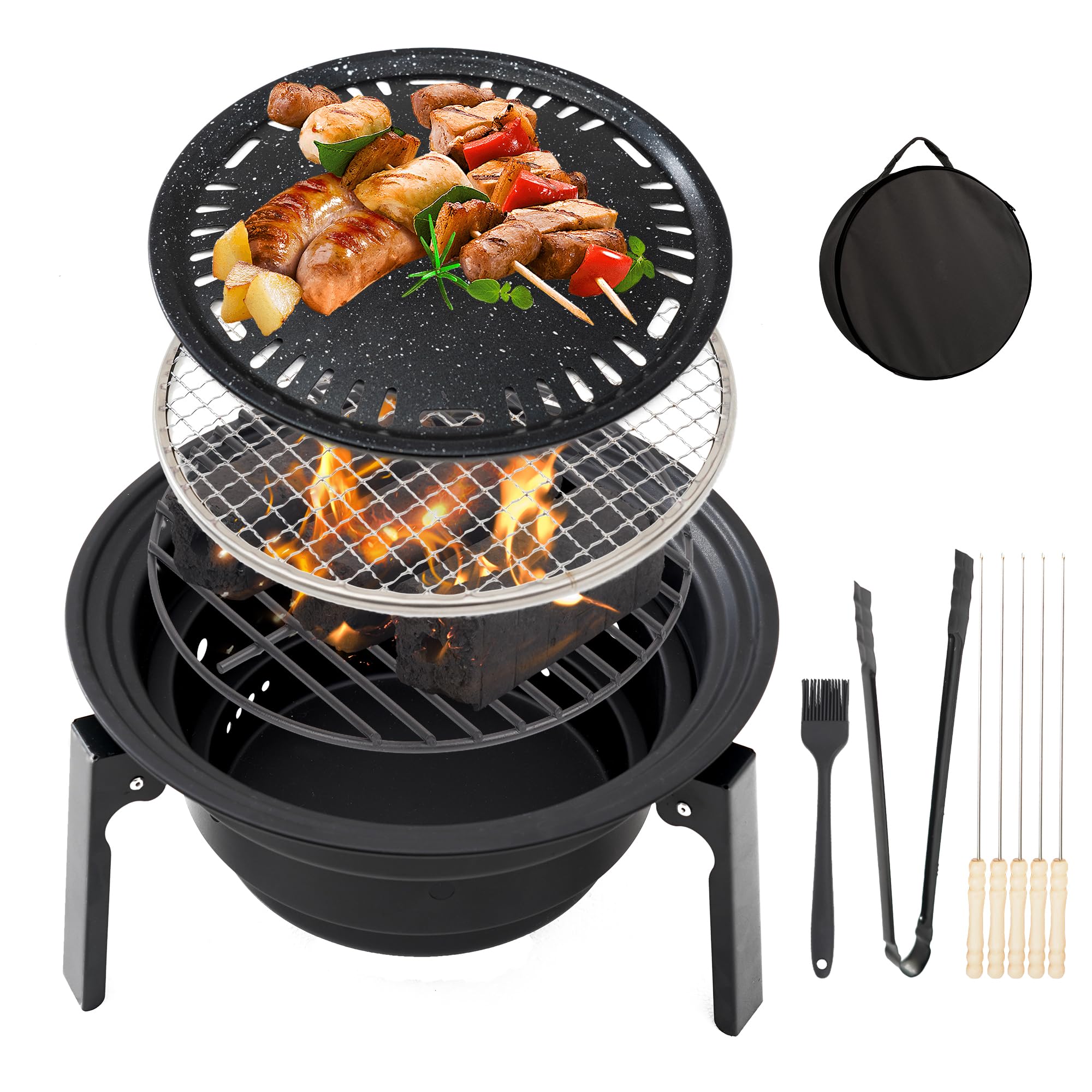 Barbacoa plegable de acero inoxidable con accesorios para barbacoa y bolsa de transporte, parrilla de carbón vegetal portátil para camping, jardín, fiesta de barbacoa, barbacoa de carbón vegetal
