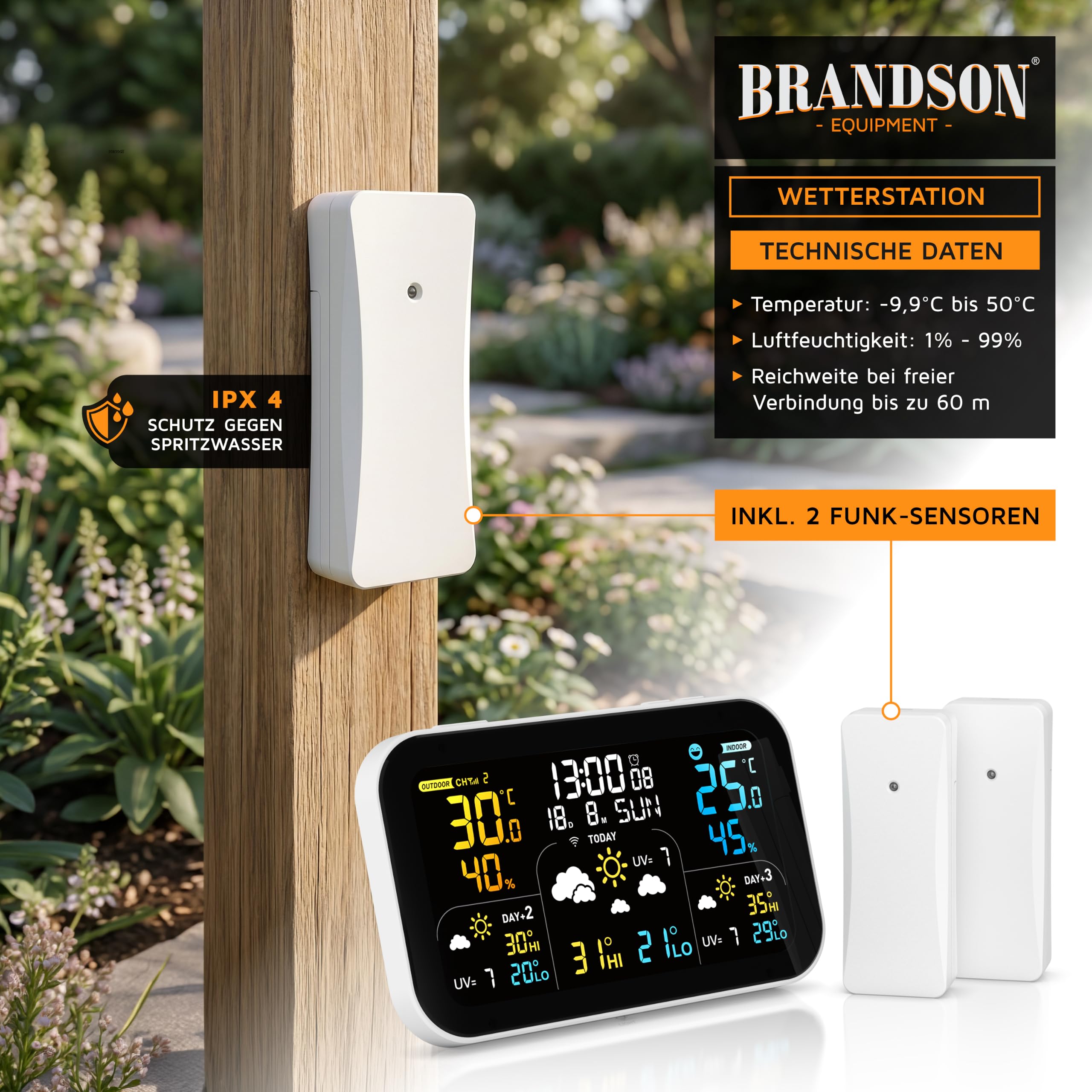 Brandson – Funk Wetterstation Wlan mit Außensensor – Farbdisplay – Wettervorhersage – Innen und Außentemperatur – WiFi Smart App Steuerung – Tuya Smart – Smart Life - mit 2 Außensensoren