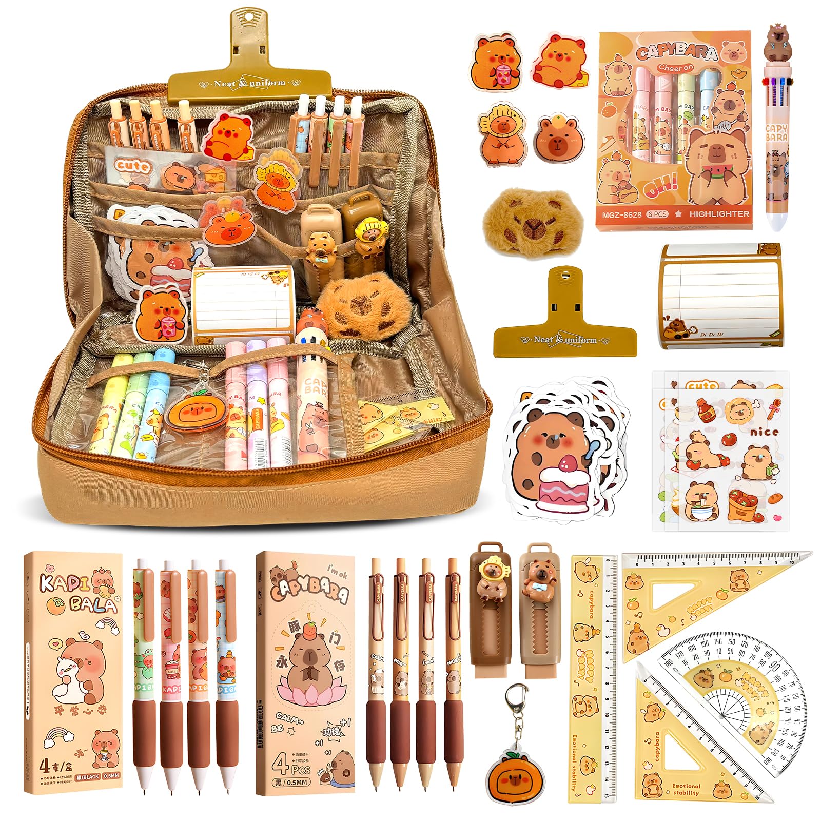 Pardofelis Capybara - Set regalo di cancelleria, 66 pezzi, per bambini e studenti, set regalo per penne, adesivi gomme, clip, righelli per scuola e ufficio