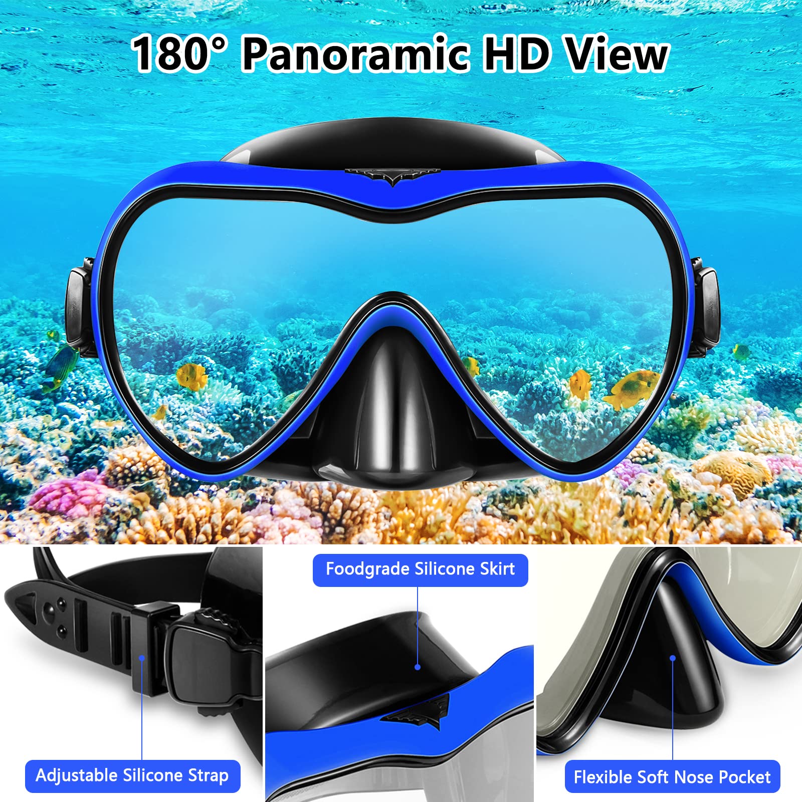 Juego Esnórquel Adulto Juego Snorkel Adultos Antivaho - Máscara Panorámica 180° Con Tubo Seco Y Cristal Templado Vidrio Templado Snorkel