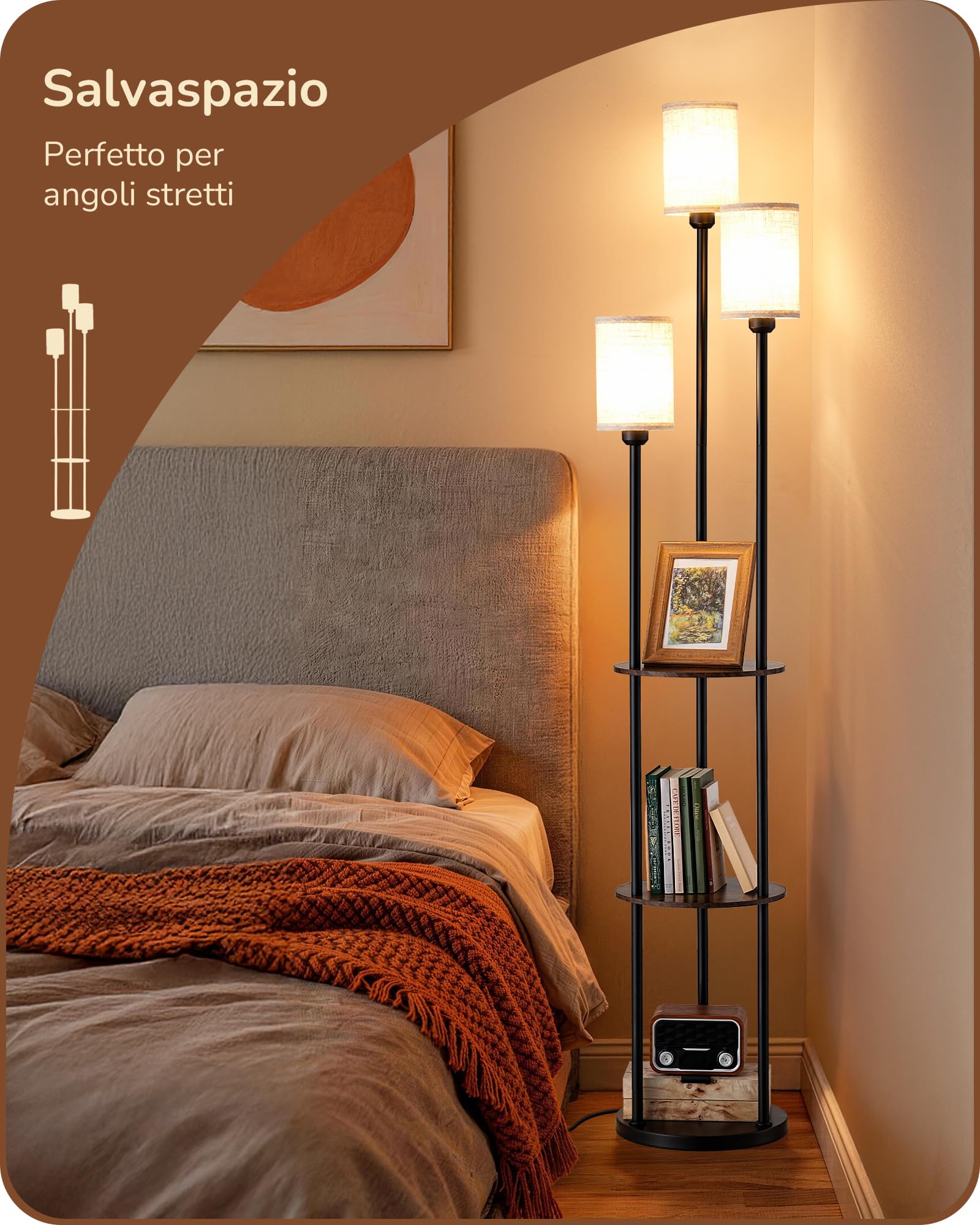 EDISHINE Lampada da Terra per Soggiorno, Lampada da Terra LED 3 Fiamme con Mensola e Paralume in Lino, Attacco E27, Con Lampadine Incluse, Lampada Moderna per Camera fa Letto e Ufficio, 178 cm