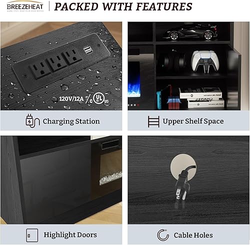 Miniatura 43 de BREEZEHEAT Soporte de TV eléctrico con chimenea de 36 pulgadas de hasta 80 pulgadas, centro de entretenimiento LED con puertas de alto brillo,