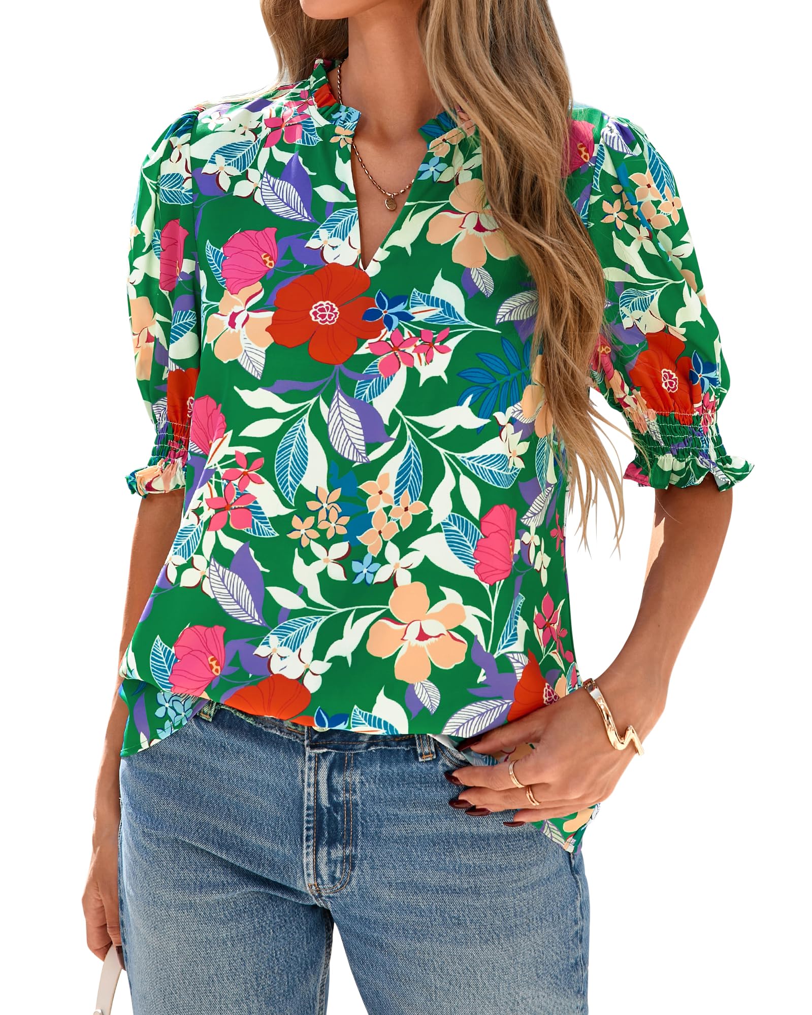 BTFBM Summer Blouses for Women Dressy Casual 2025 Spring Floral Boho Shirts V Neck Puff Short Sleeve Business Work Tops