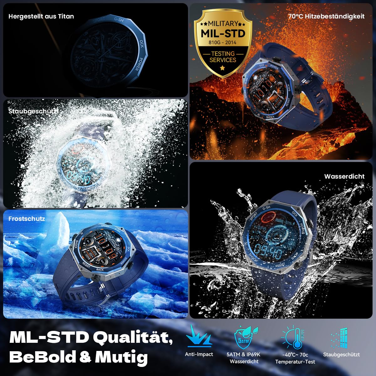 Rogbid Men's Military Smartwatch 1.45 AMOLED Military Outdoor Watch with Heart Rate Monitor, Sleep Monitor, Blood Pressure Monitor, 5 ATM Waterproof, Steel Gear for Android, Steel, Gear