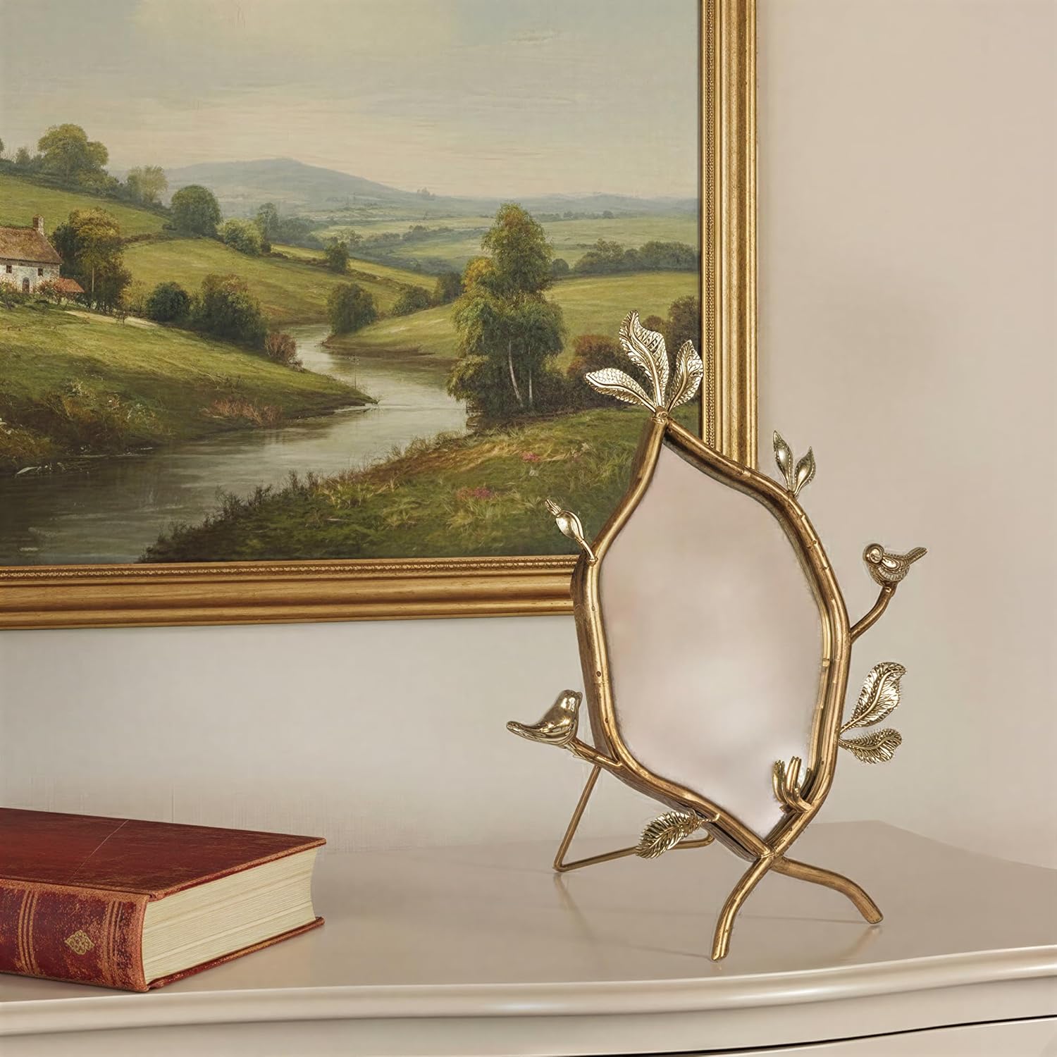 Creative Co-Op Metal Twig Framed Standing Mirror with Birds and Leaves, Gold