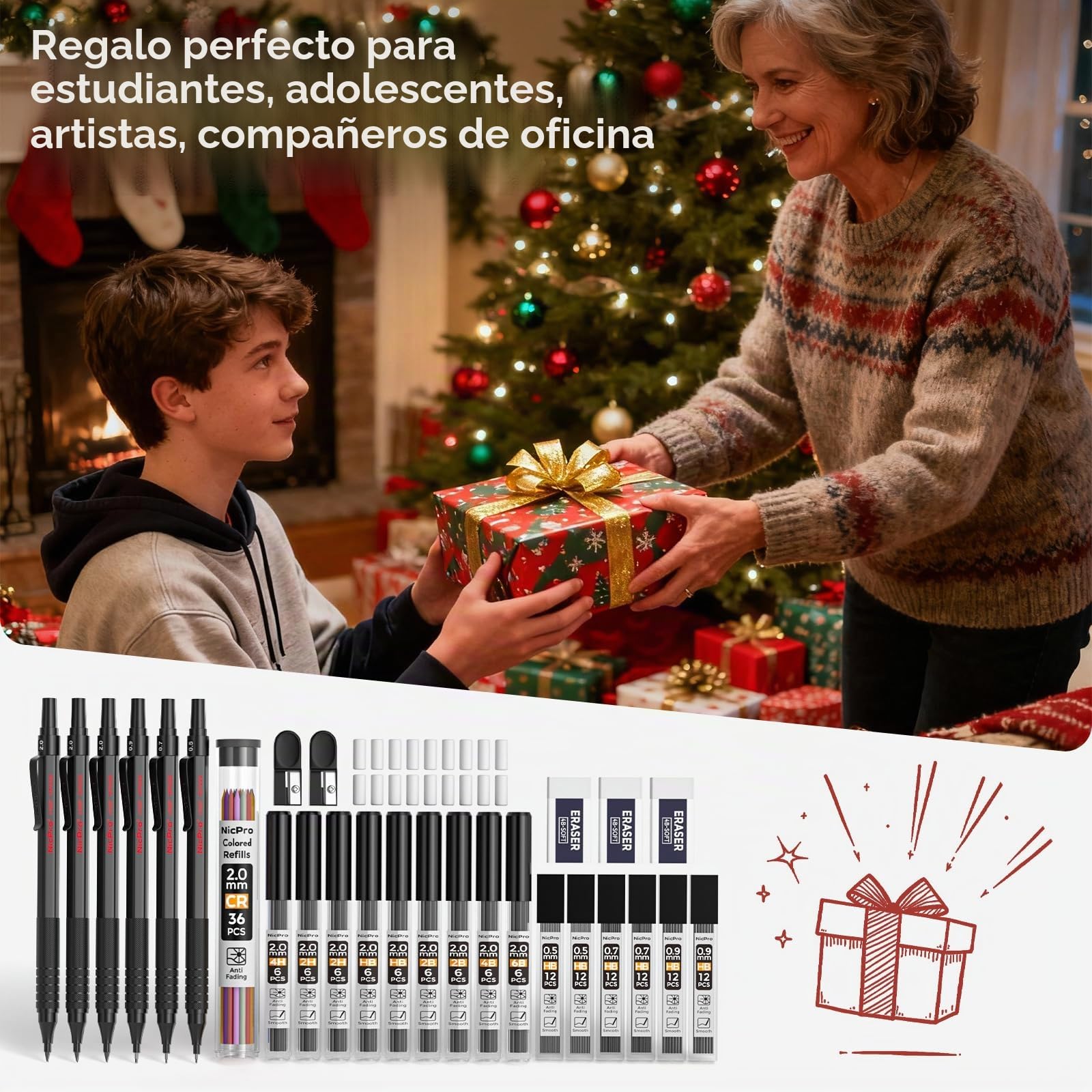 Nicpro 30 Piezas Portaminas Artísticas en Estuche de Cuero, Portaminas 0,5, 0,7, 0,9 y 2mm con 16 Recambios de tubos (6B 4B 2B HB 2H 4H color) para Dibujar Bosquejo-Negro