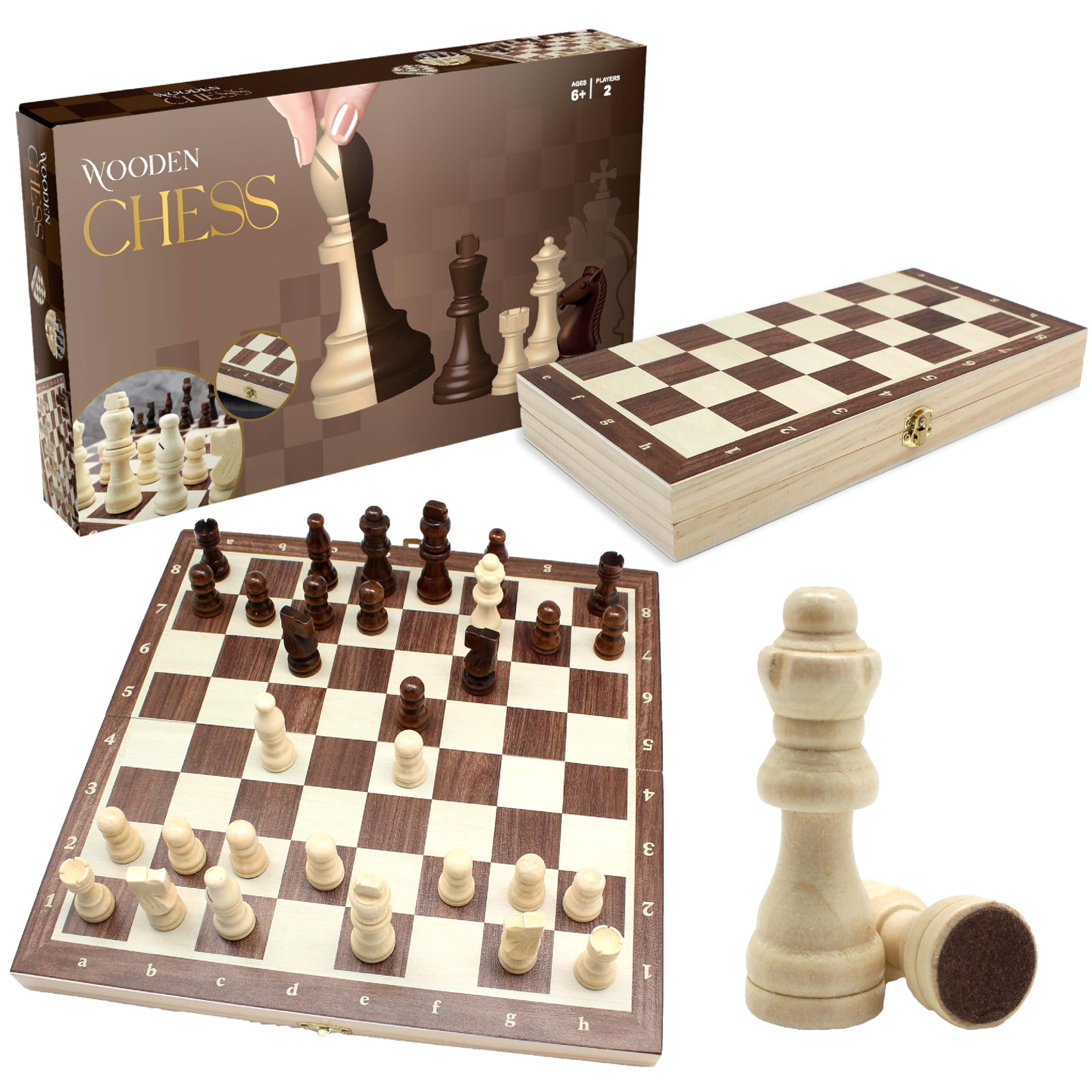 Roo Games WOODEN CHESS SET - Eco-Friendly Pine Wood Chess Board with Foldable Design & Travel Chess Set Features - Includes Full 32-Piece Set & Storage, Suitable for Kids & Adults