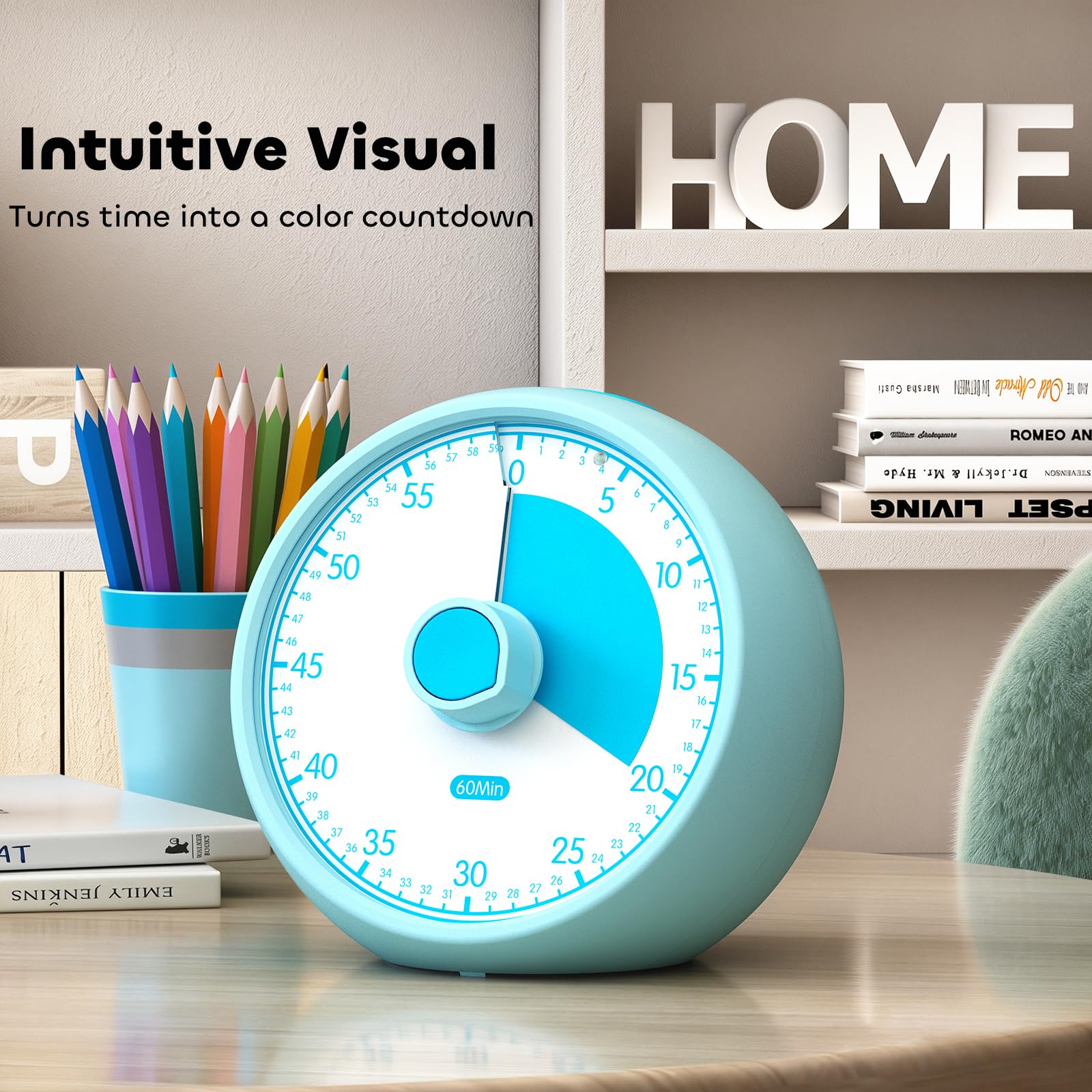 Timer Visivo per Bambini 60 Minuti – Timer Analogico Silenzioso a Conto Alla Rovescia,Strumento di Concentrazione per ADHD e Autismo,Gestione del Tempo per Compiti (Tutto blu)