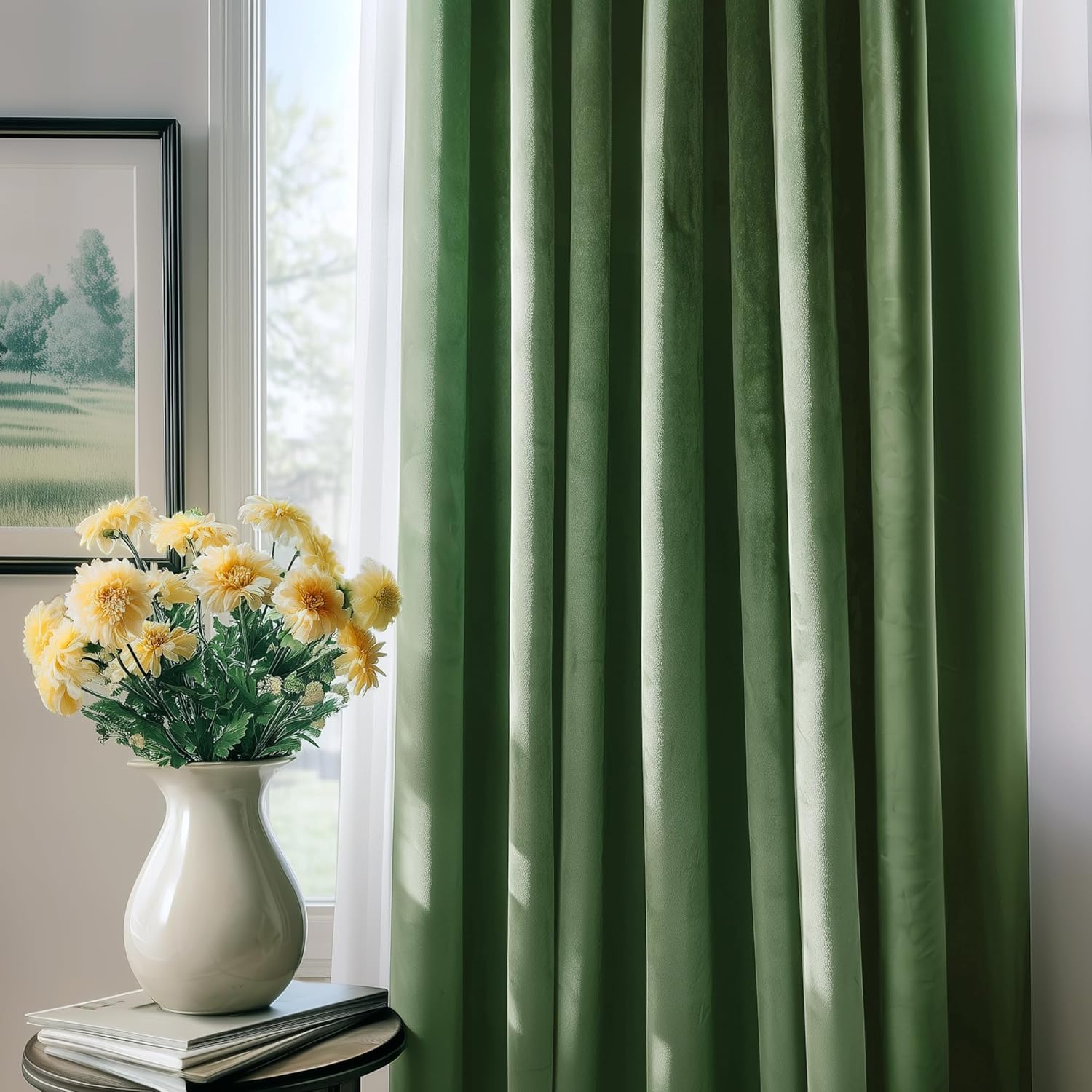 FMFUNCTEX Velvet Blackout Curtains Sage Green Thermal Insulated Curtains for Bedroom Living Room Darkening Curtains 72 Inches Long Soft Luxury Heavy Rod Pocket Sage Drapes Dining Room 2 Panels Set