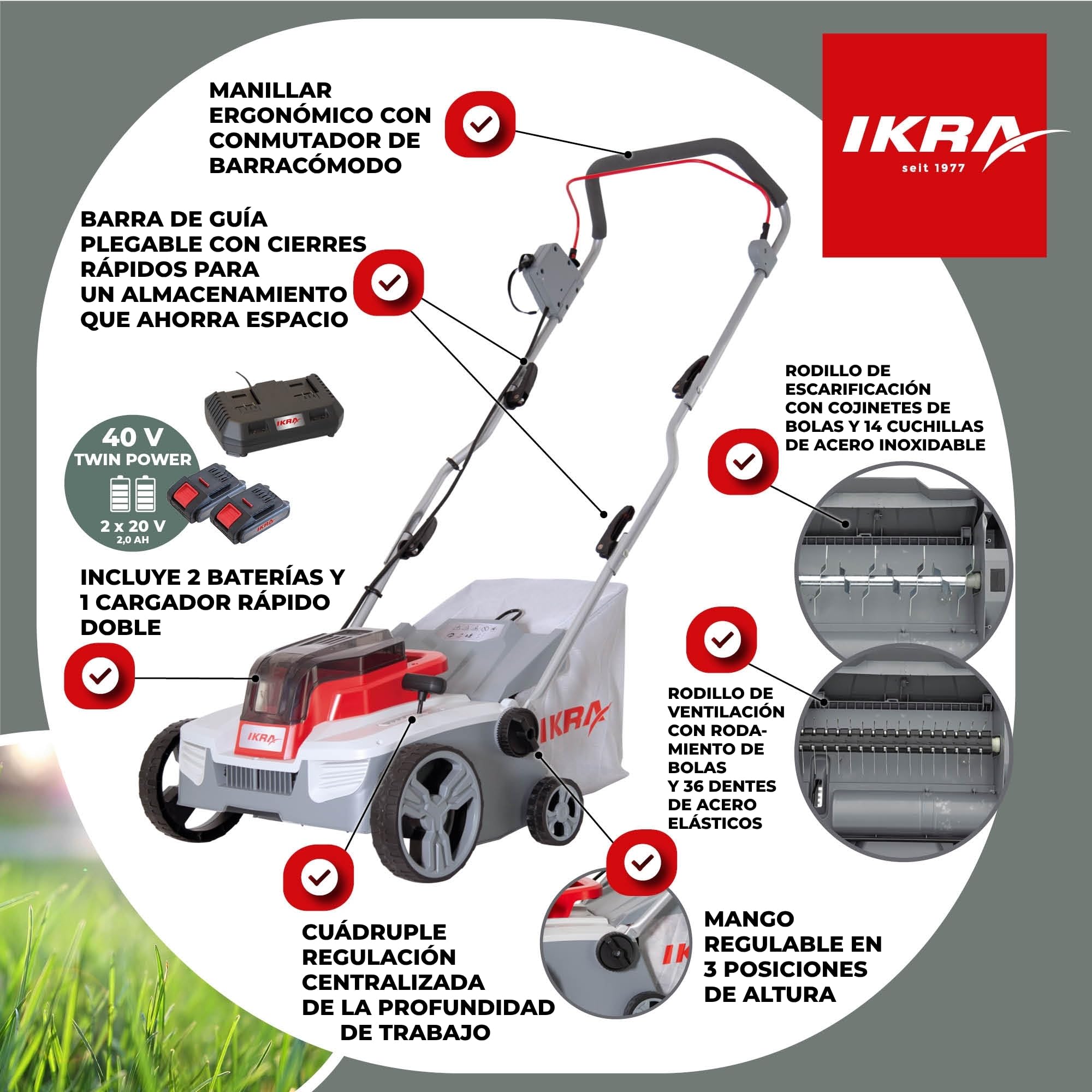 IKRA escarificador y aireador a batería 3 en 1 IAVL 2-2032, ancho 32 cm | Incluye 2 baterías de 20 V y 2 Ah y cargador rápido, cesta de recogida de 30 l, +3 a -9 mm, gama de baterías de 20 V de IKRA