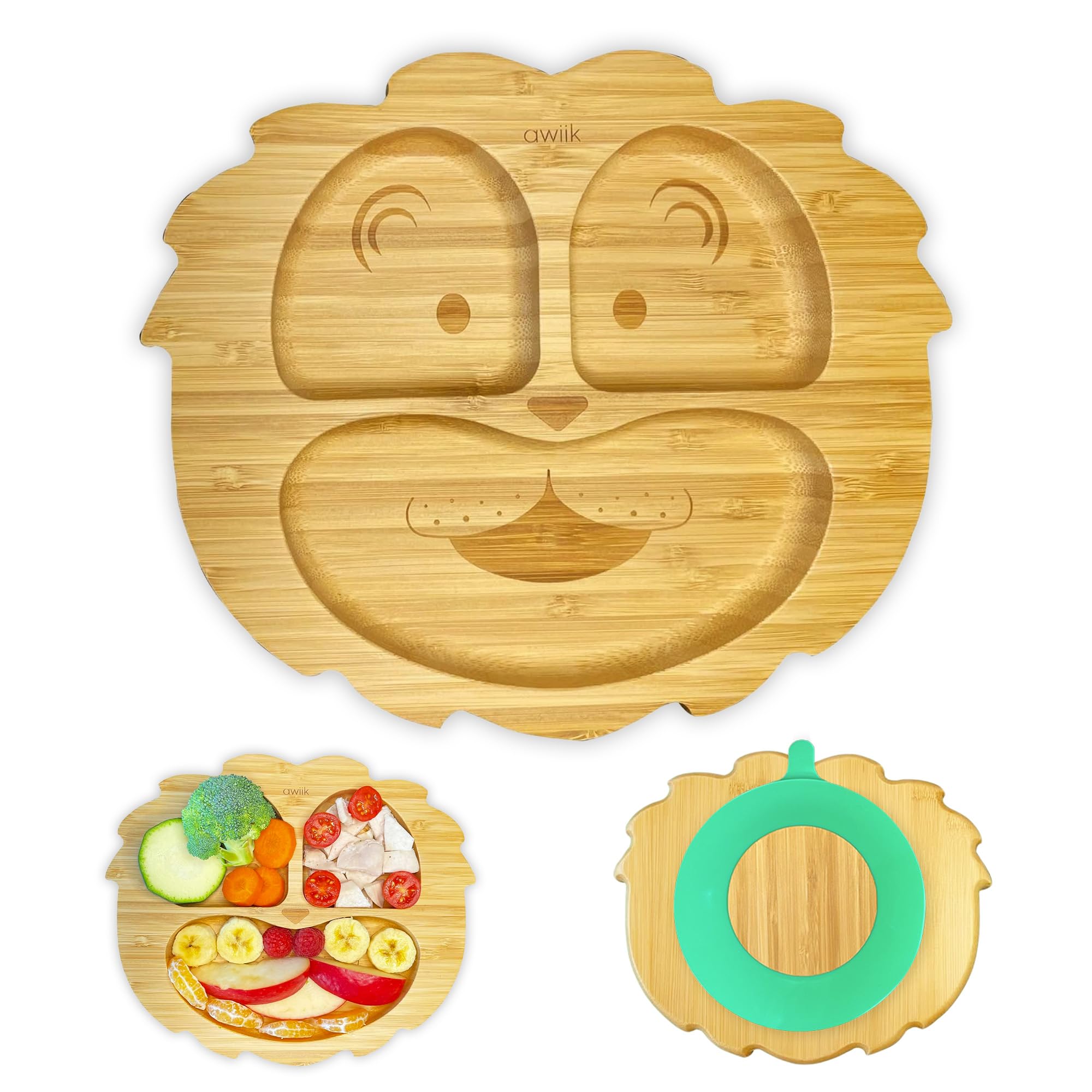 Piatto in Bambù Con Forte Ventosa per Neonati e Bambini Piccoli. Antiscivolo e Antiribaltamento per Imparare a Mangiare BLW. (Lion)