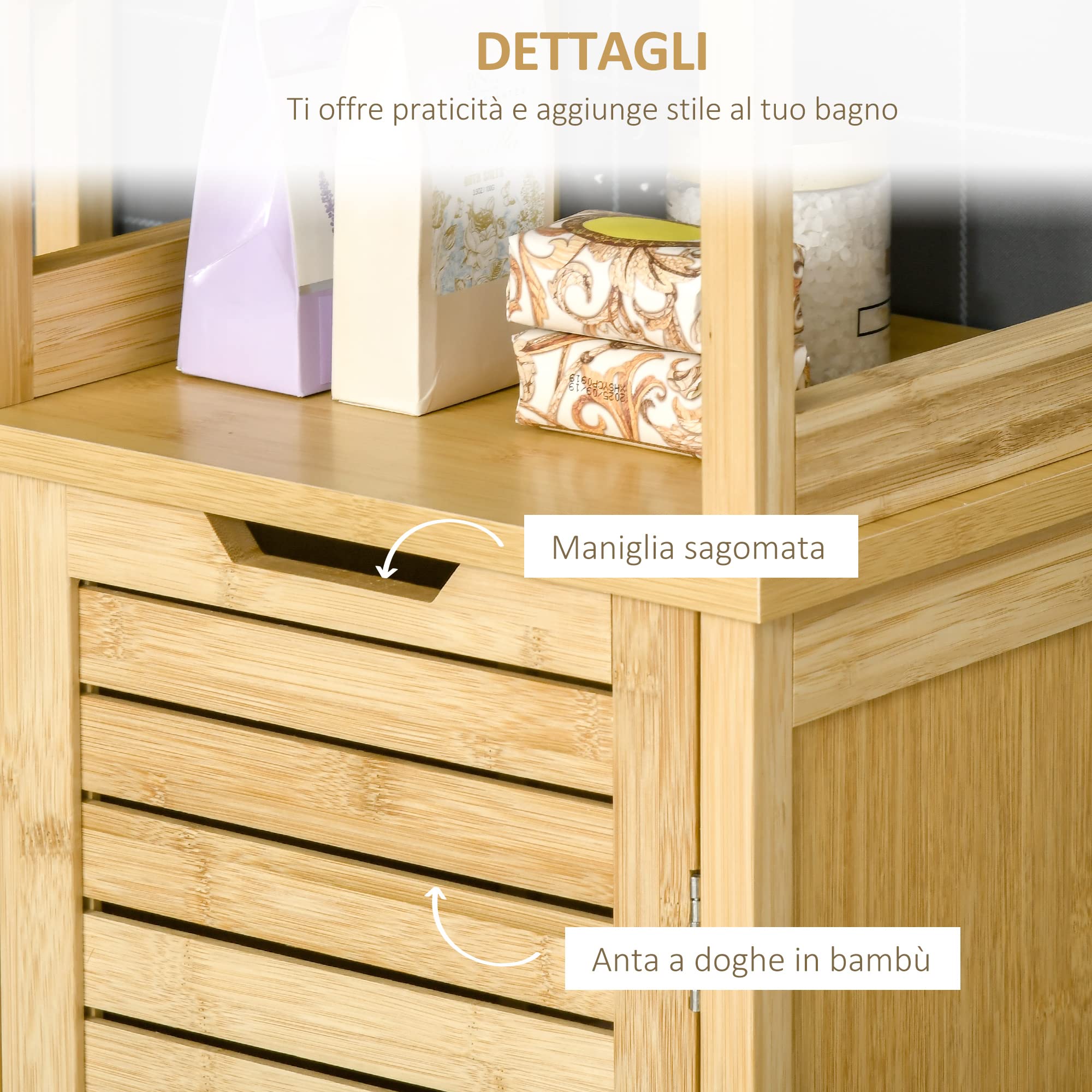 kleankin Mobile Bagno con 3 Ripiani e 1 Credenza, Colonna Bagno Salvaspazio Design a Doghe in Bambù, 34x30x173cm, Color Naturale