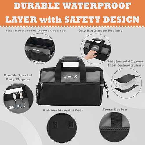 Miniatura 5 de Bolsa de herramientas de 15 pulgadas, organizador de almacenamiento de herramientas de boca ancha con bolsillo grande, cremallera ergonómica y mango