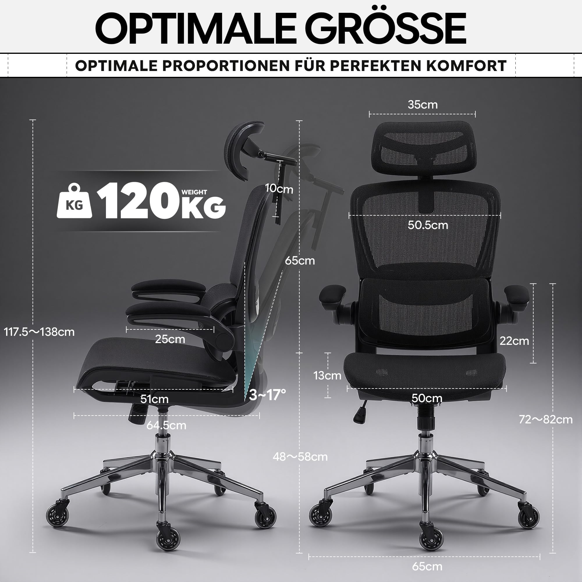 Schreibtischstuhl Ergonomischer Bürostuhl mit 150kg Tragkraft, verstellbaren Armlehnen, dynamischer Lendenstütze, Wippfunktion – Büro&Gaming Stuhl für Homeoffice, atmungsaktives Mesh,Schwarz