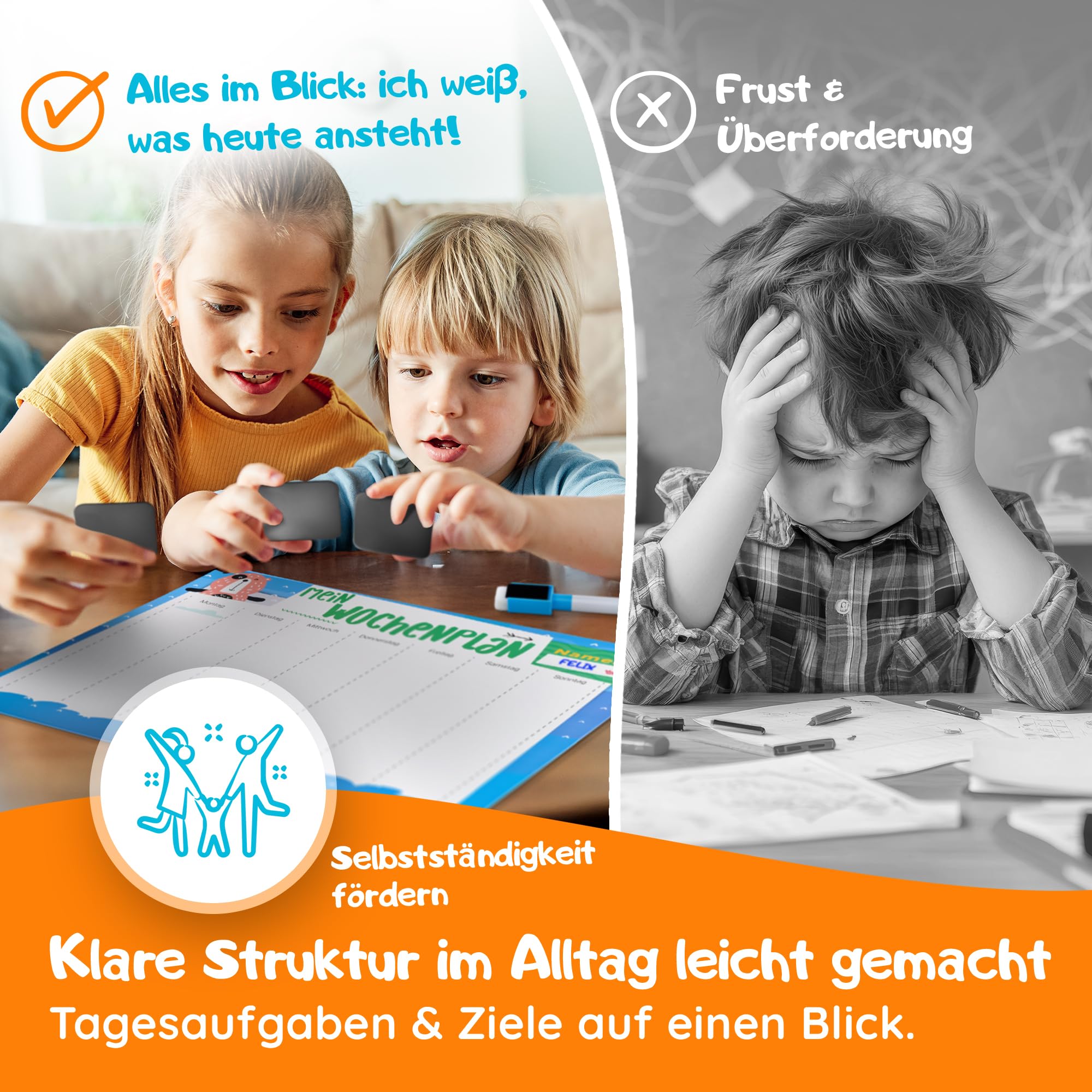 Filapen® Montessori planer tygodniowy dla dzieci – tablica magnetyczna w zestawie z 209 magnesami, woreczkiem materiałowym, długopisem i sznurkiem – planer zadań, kompletny zestaw do pisania i
