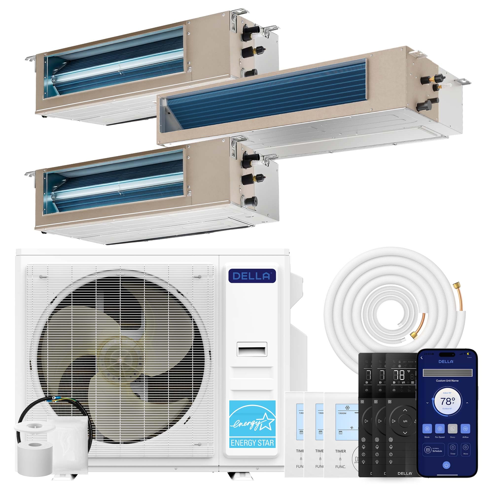 DELLA 34K BTU 3 Zone (9,500+11,000+22,000 BTU) Concealed Ducted Mini Split AC, 20 SEER2, Energy Star, 230V Inverter Heat Pump System, Pre-Charged, Work with Alexa and Wifi, 25ft Kit & Thermostat