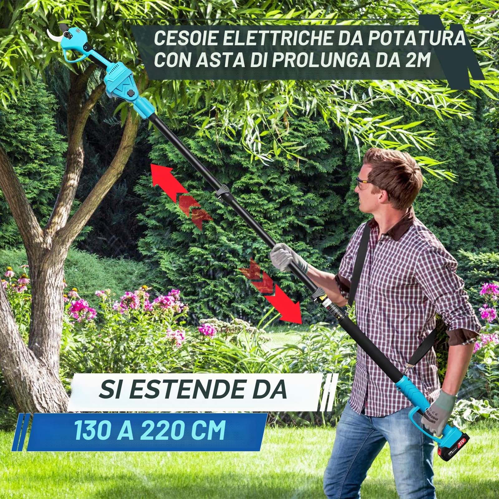 Forbici Potatura Elettriche con Asta Telescopica 2M, 50mm SK5 2000mAh | Taglio da altezza regolabile, display LED, sistema di sicurezza,per frutteti, ulivi, vigneti e giardini