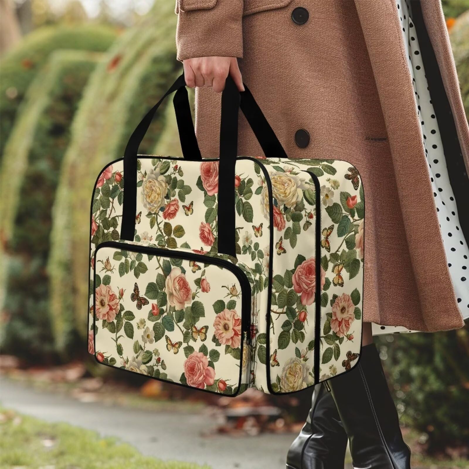 Uorisanigo Rose Butterfly Sewing Machine Carrying Case Universal Tote Bag Fabric Carry Case with Storage Pockets and Handles Suitable for Most Standard Sewing Machine Accessories and Supplies