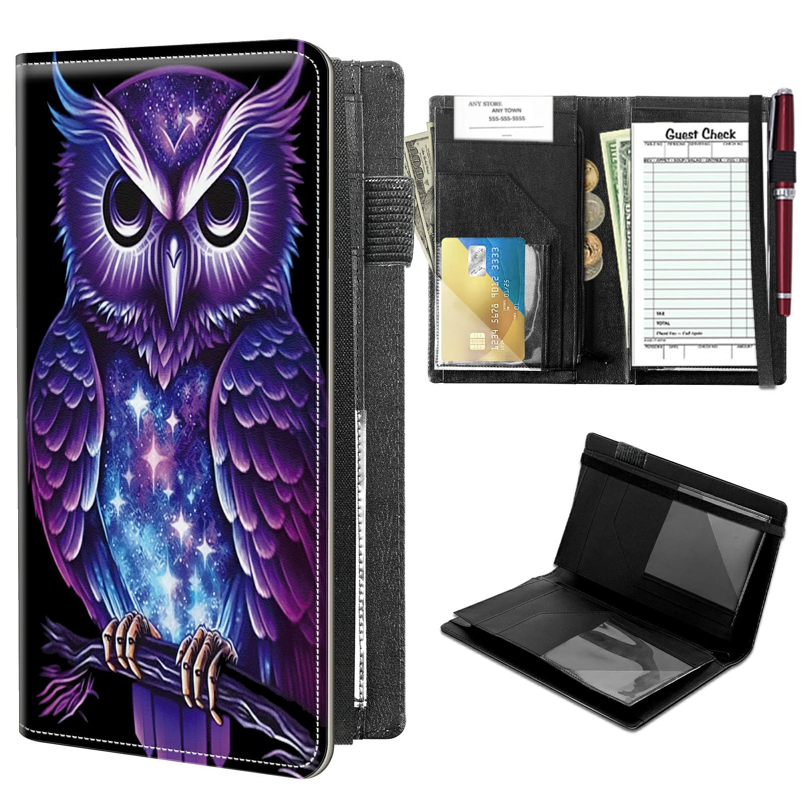 High Volume Server Books, Purple Owl Server Book w/ 2 Expandable Pockets 9 x 5 Cute Waitress Book Zipper Pocket & Strap Closure Waitstaff Organizer Server Booklet Waiter Money Wallet
