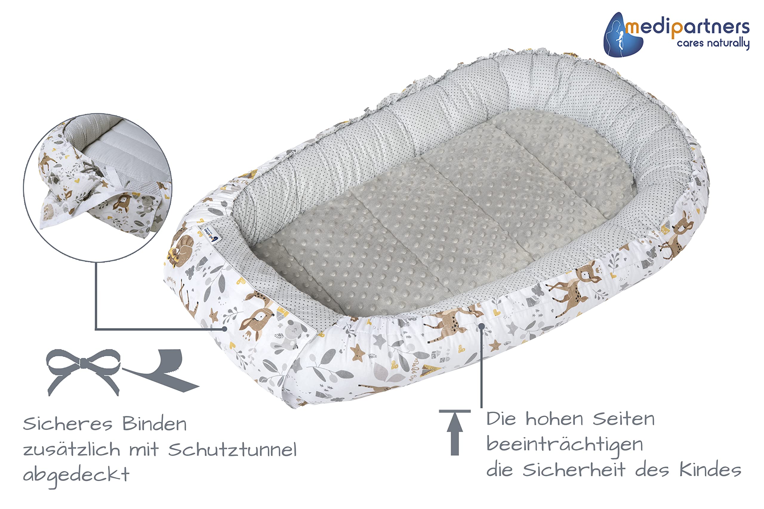 Medi Partners Babynest Nestchen Baby Set für Neugeborene - 100x60x15 Kuschelnest 5 teilig tragbar Nest zweiseitig Babynestchen Bett 100% Baumwolle (REH mit Grauem Minky)