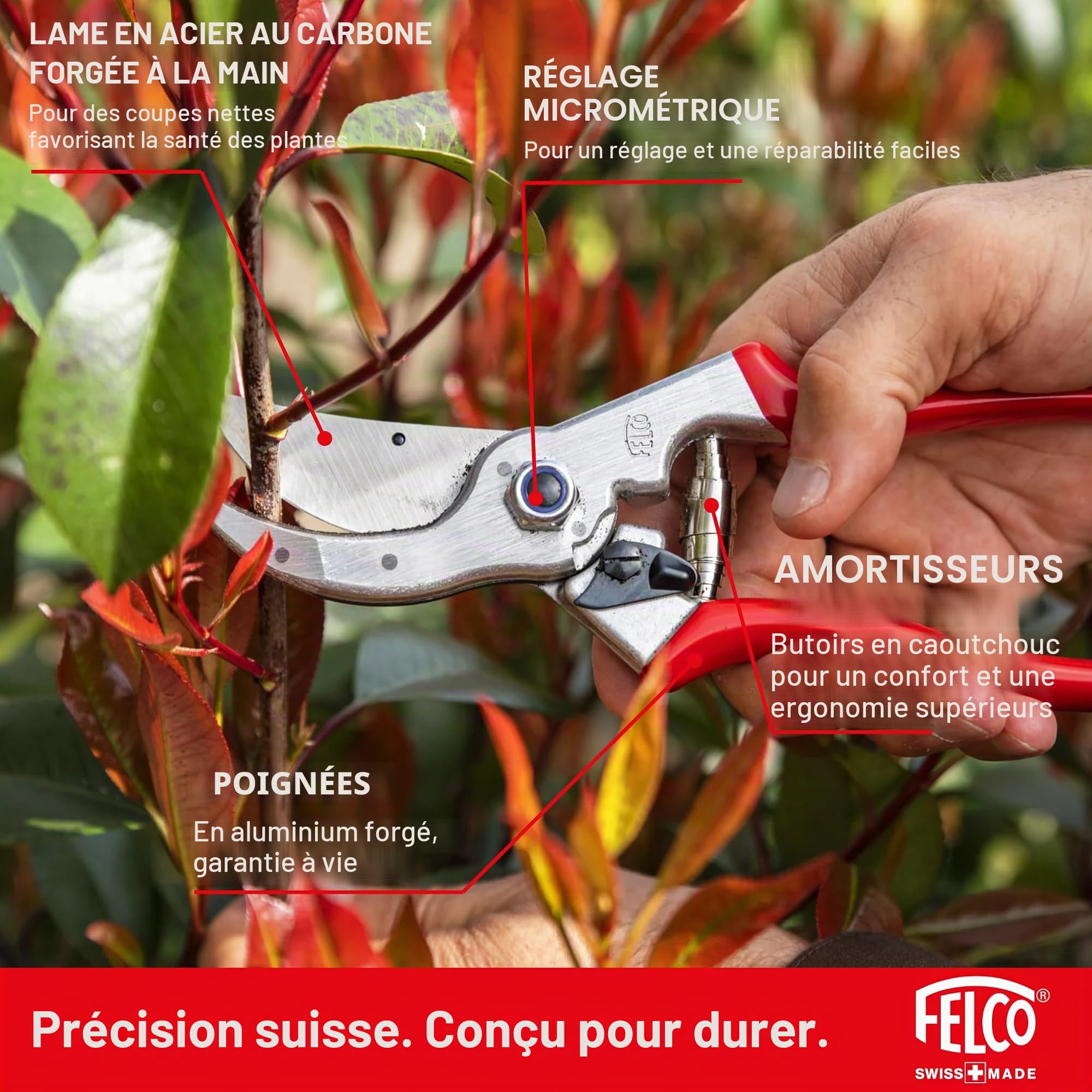 FELCO 4 sécateur droitier grandes mains, taille intensive, coupe 25 mm | Sécateur robuste à lame acier trempé 45 mm, pour un usage quotidien exigeant au jardin et au verger. Swiss Made.