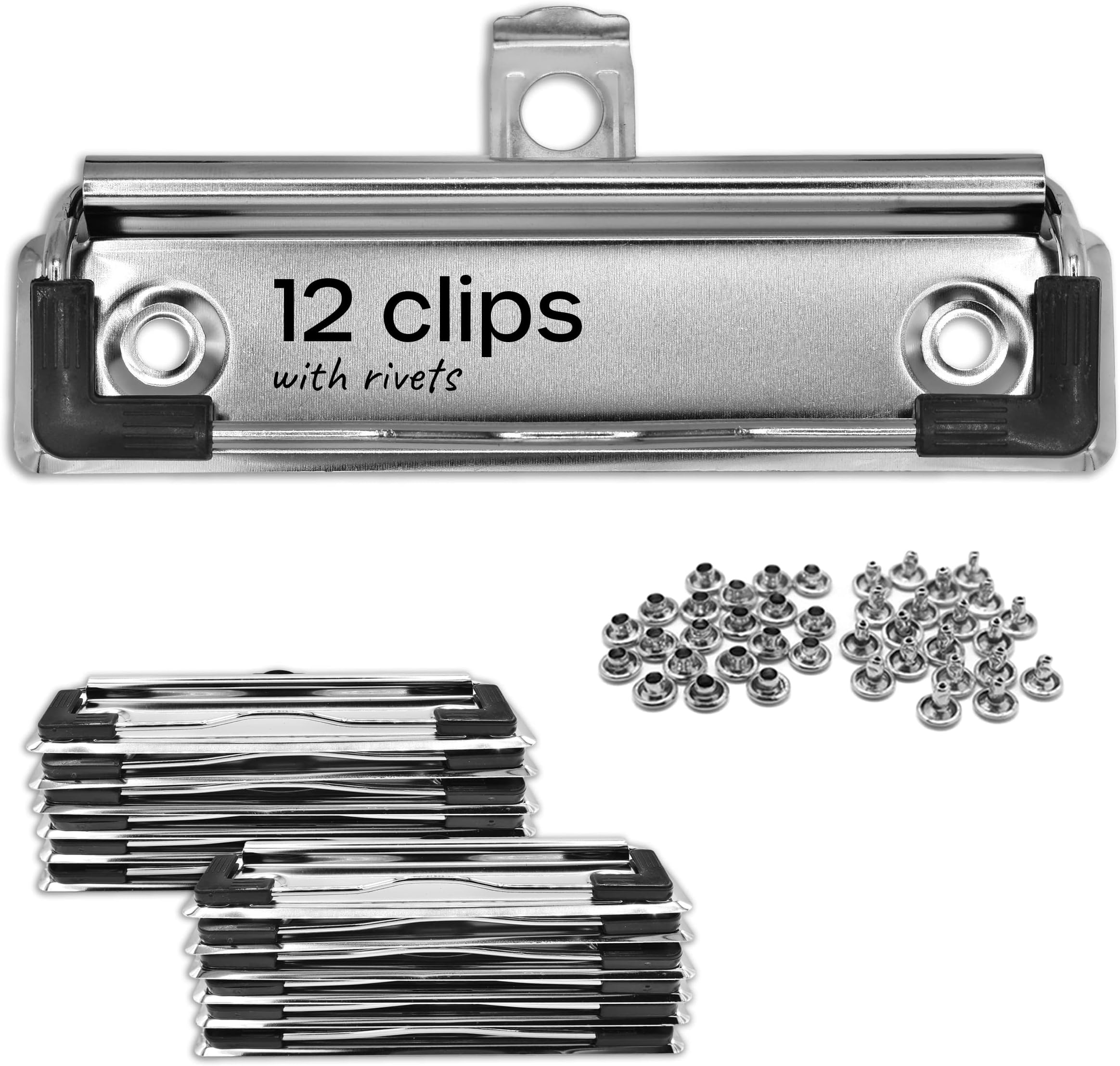 Volila 12-Pack Metal Spring-Loaded Clipboard Clips with Retractable Hole and Rubber Edge