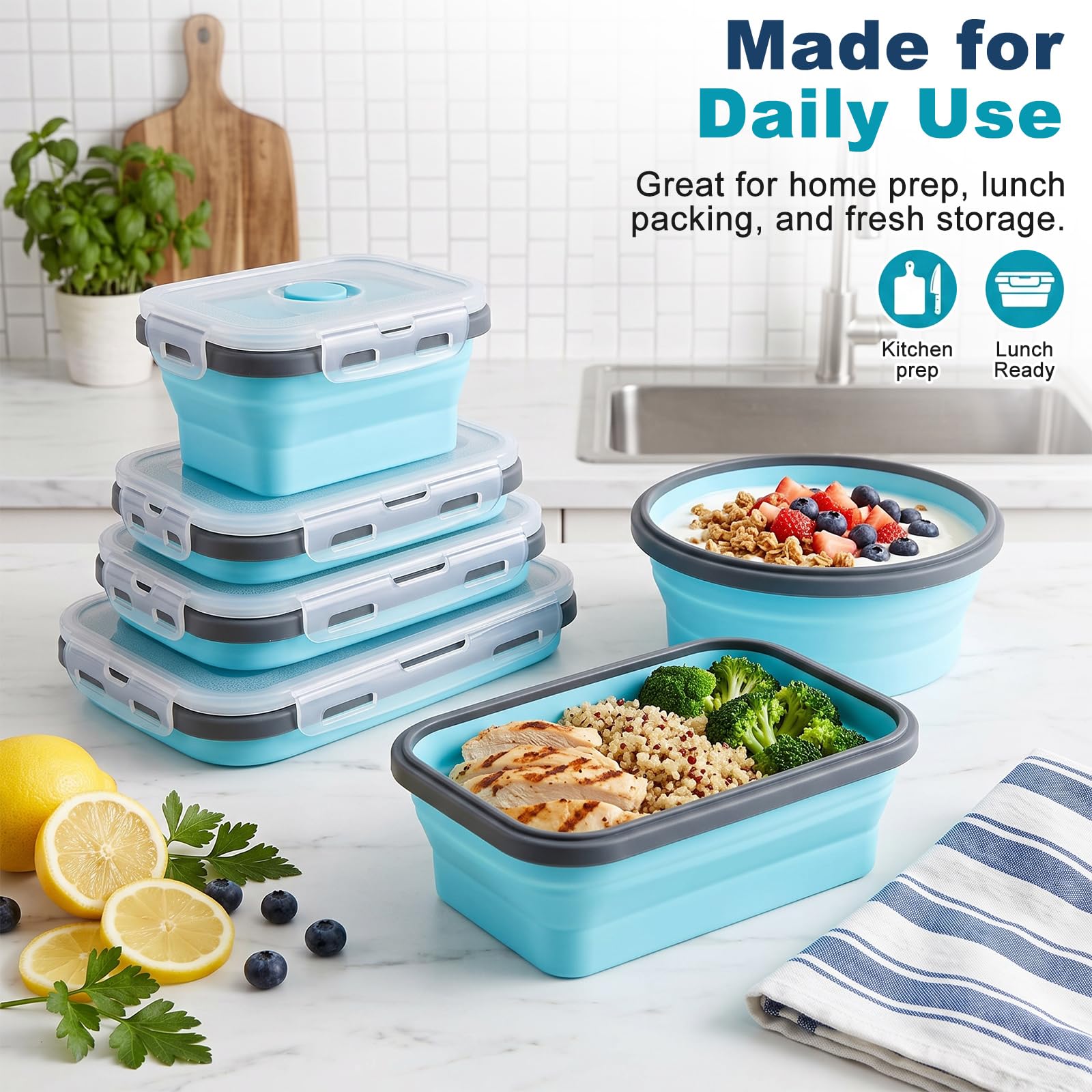 JMIATRY Lot de 8 boîtes à déjeuner pliables en silicone - Récipients ronds et carrés en gris bleu, 350 ml, 500 ml, 800 ml et 1200 ml pour différentes quantités