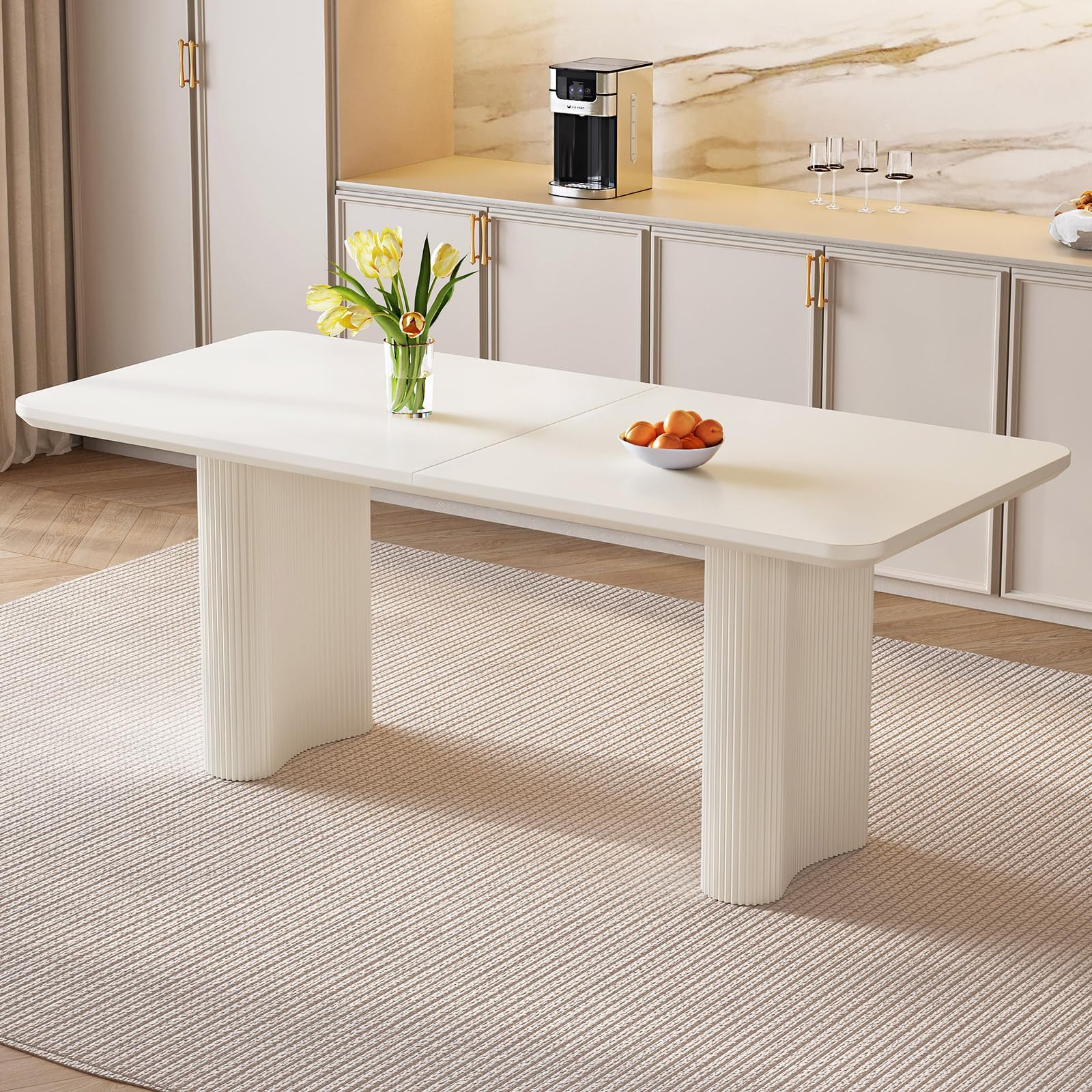 63" Cream White Dining Table for 6 Modern Dining Table 6 Seats Rectangle Kichen Table with Strong Pedestal Legs for Dining Room Restaurant Breakfast Nook