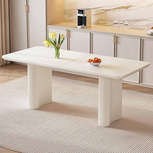 Mesa de comedor rectangular blanca de 63 pulgadas, mesa de cocina moderna con patas de apoyo onduladas resistentes y elegantes para sala de estar,