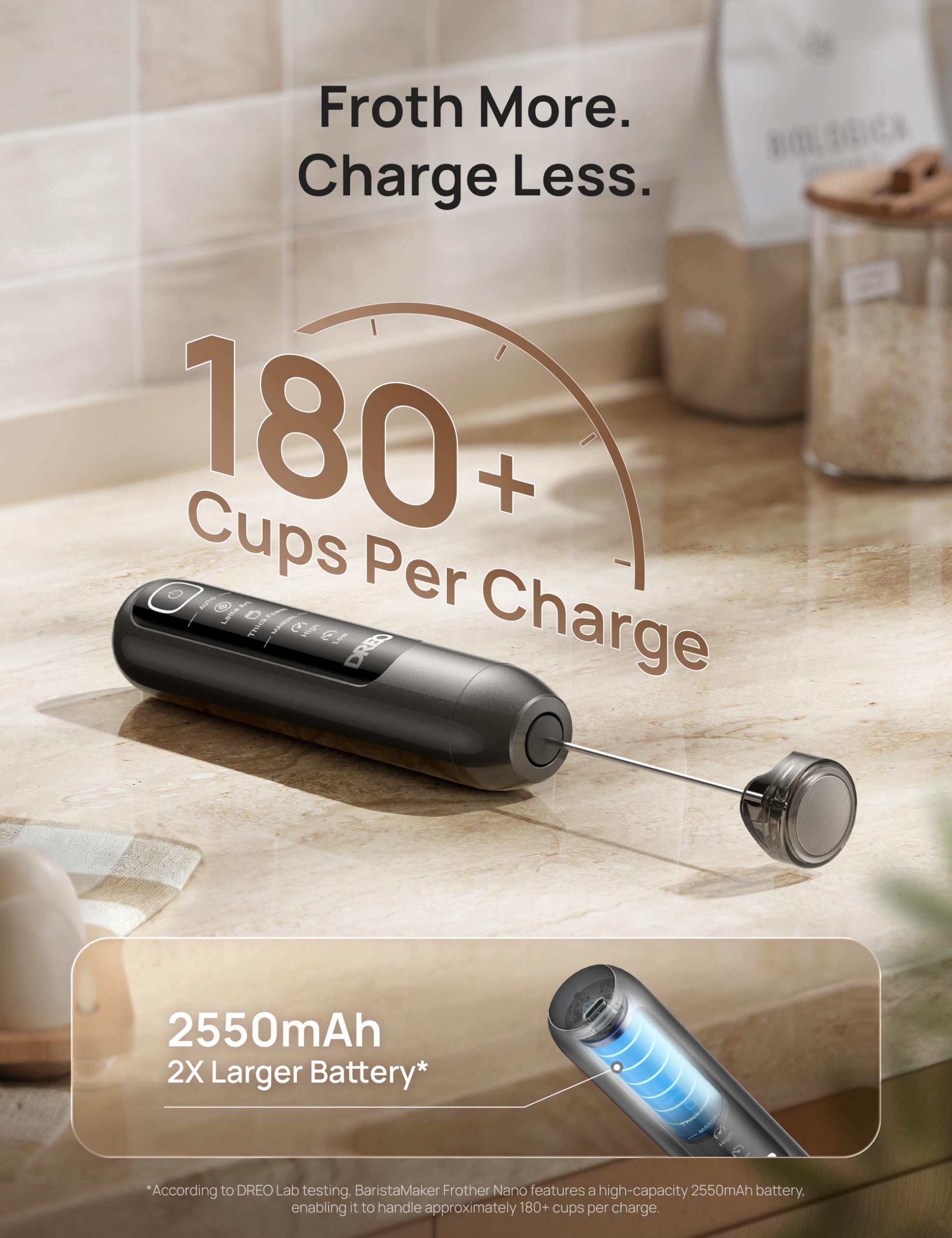 DREO Varita espumadora de leche ultrarrápida, espumador eléctrico recargable de mano con pantalla LED y 4 velocidades para microespuma de nivel de arte con leche, café, capuchino, más de 180 bebidas