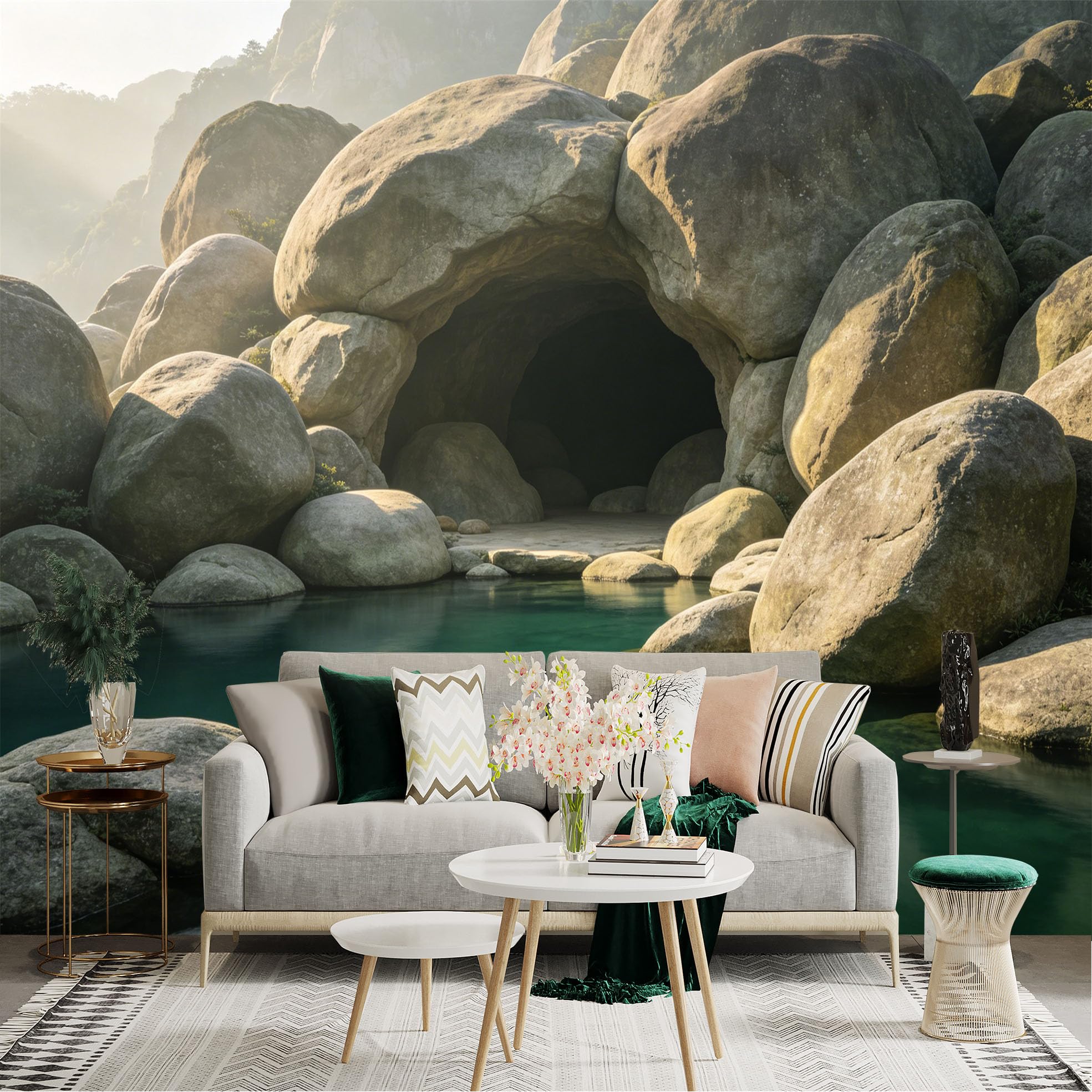 Lnzczhyre Dbh260521310 Custom Size Wall Sticker Mural， Natural Stone Cave， Serene Turquoise Pond， Rocky Mountain Landscape， Peaceful Nature Scenery， For Wall Decoration， Peelandstick Wall Decals.
