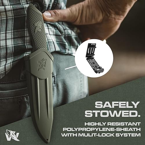 Vista 22 de ODENWOLF WOLF-I - Cuchillo de supervivencia de espiga completa con funda, elegante hoja fija táctica, hecho de acero 440C, cuchillo de supervivencia