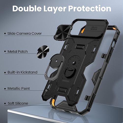 Miniatura 6 de VEGO Funda para iPhone 15, iPhone 15 Kickstand con cubierta deslizante para cámara y soporte de anillo giratorio de 360 integrado, funda magnética a