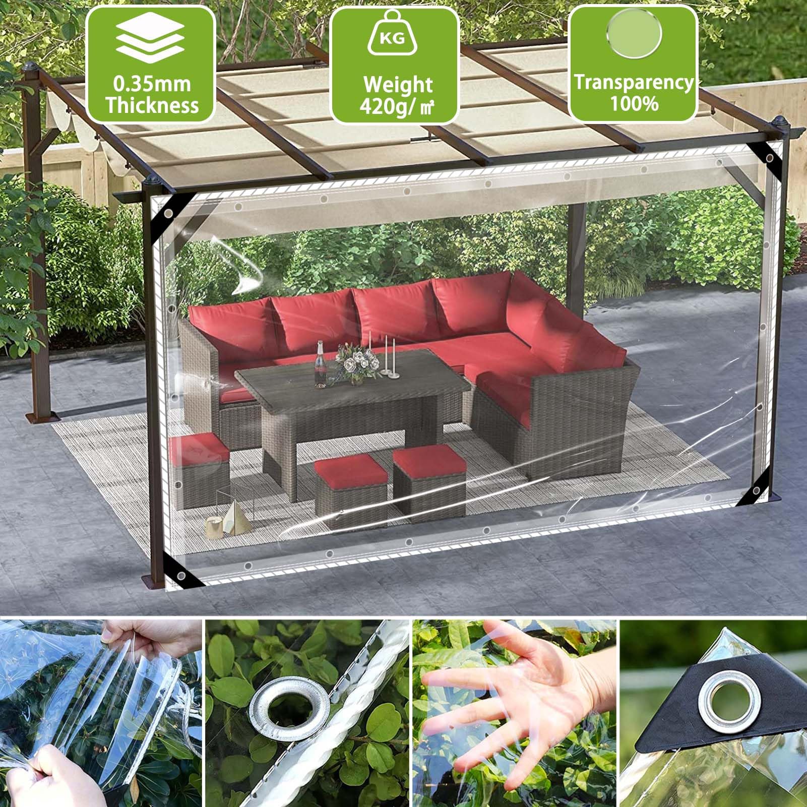 Bâche Transparente 2.7mx3m pour Pergola avec Œillets Extérieur imperméable, 420 g/m² Protection pour Mobilier de Jardin, Terrasse, Serre, Plantes - Personnalisable