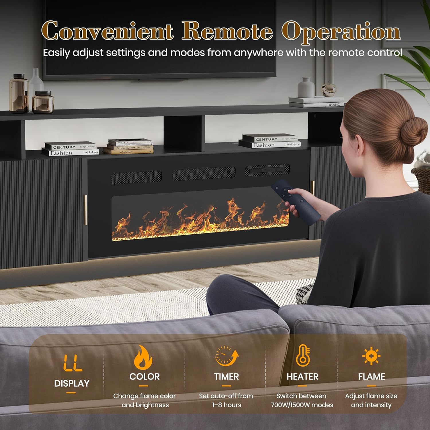 70” Fluted TV Stand with 36” Electric Fireplace, 2 Tier TV Console Cabinet with Storage Cabinet, LED Lights, Power Outlet, Modern Wood Entertainment Stand Fits TVs up to 80" for Living Room (Black)