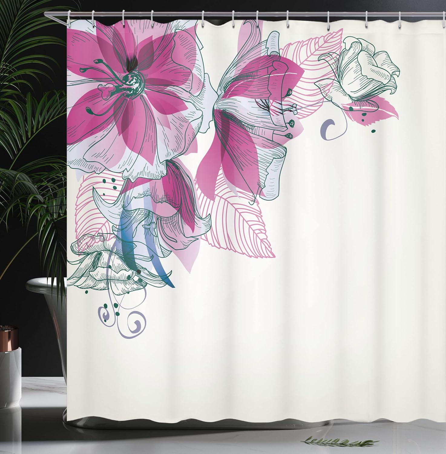 Ambesonne Flowers Shower Curtain, Buds Leaf at The top Left Corner Season Celebrating Theme, Cloth Fabric Bathroom Decor Set with Hooks, 69" W x 70" L, Fuchsia and White