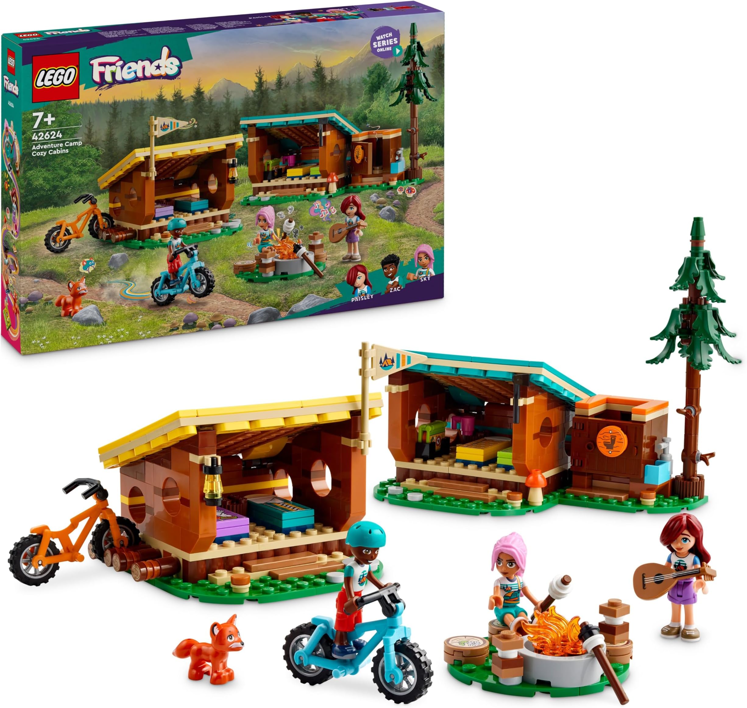 Friends Adventure Camp Cosy Cabins Camping Toy Set, Kids’ Nature Playset, Pretend Play for Girls and Boys Aged 7 Years and over, with 3 Mini-Doll Characters and a Fox 42624