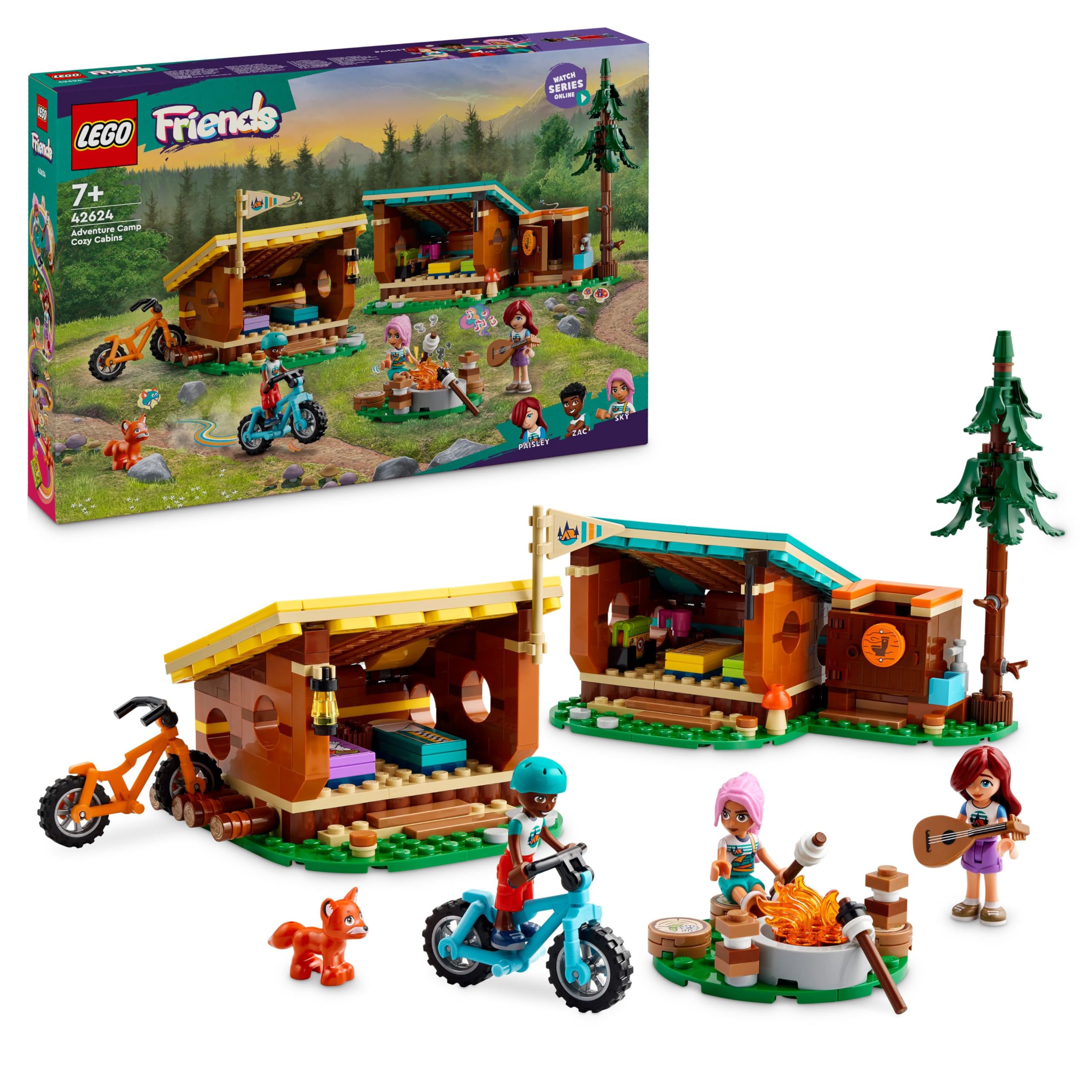 LEGOFriends Adventure Camp Cosy Cabins Camping Toy Set, Kids’ Nature Playset, Pretend Play for Girls and Boys Aged 7 Years and over, with 3 Mini-Doll Characters and a Fox 42624