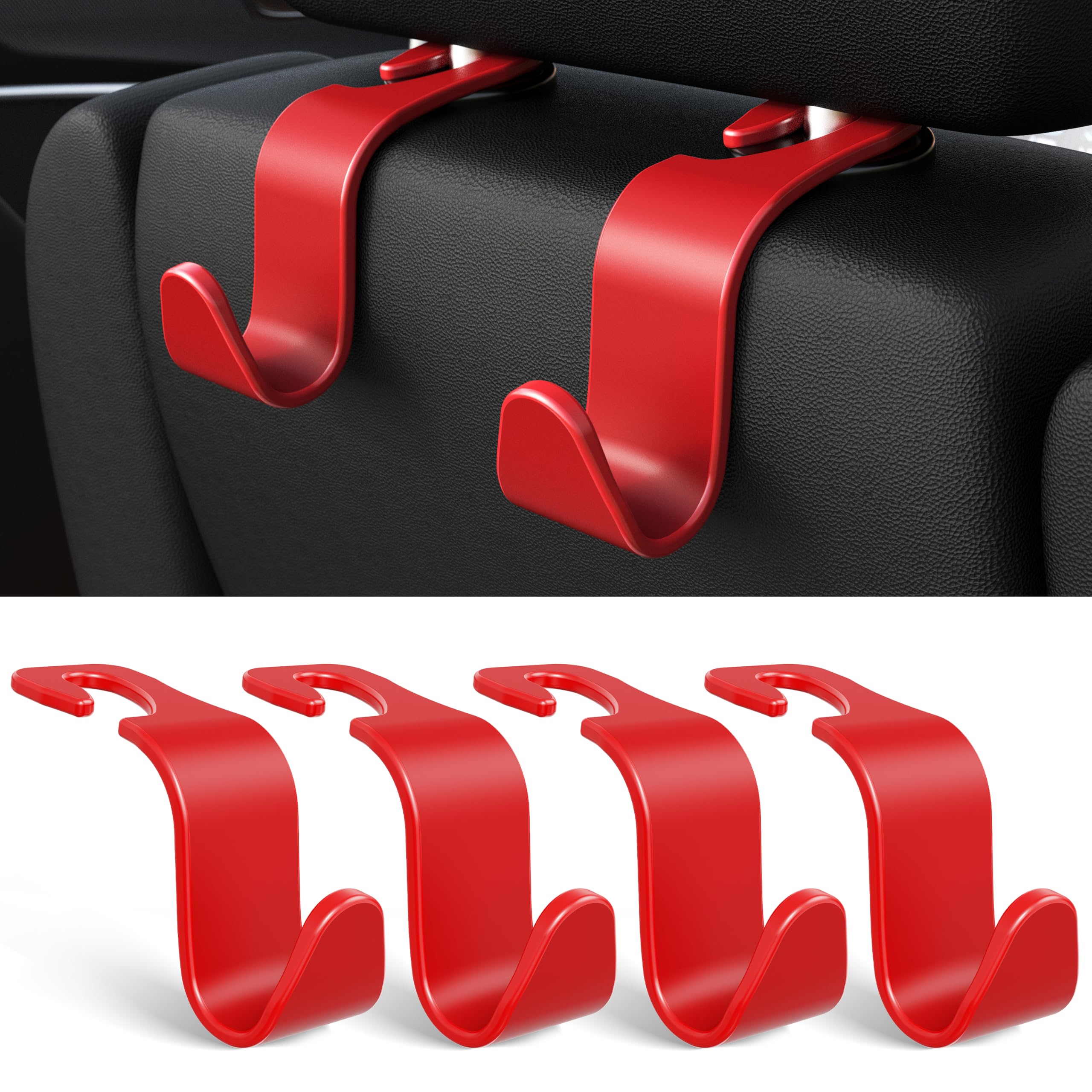 Amooca Car Seat Headrest Hook 4 Pack Hanger Storage Organizer Universal for Handbag Purse Coat Universal fit Vehicle Car S Type Red