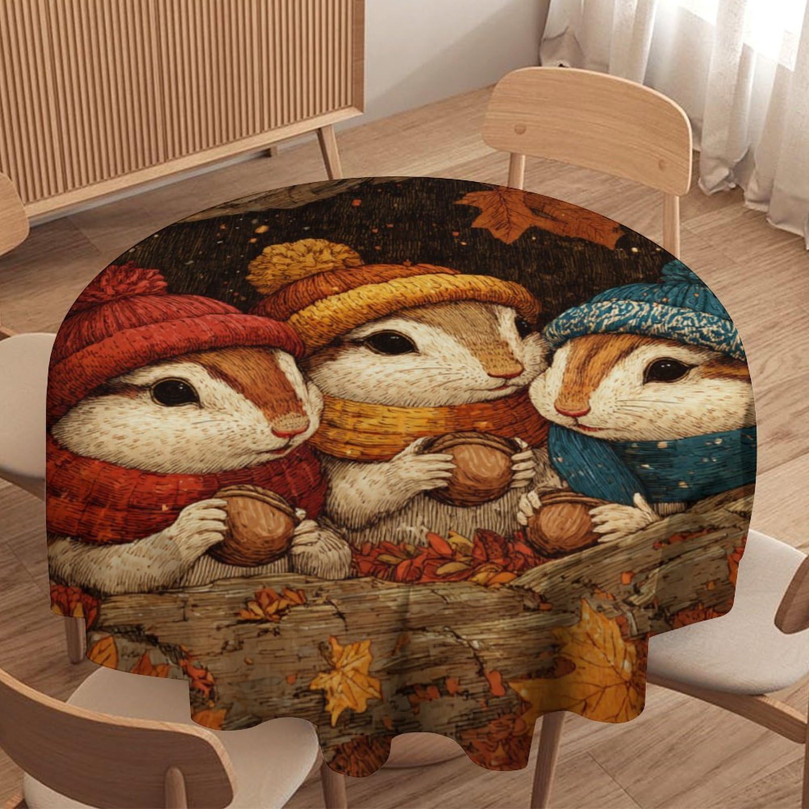 LUYYSKY Funny Colorful Cute Squirrel Round Tablecloth Retro Oil Painting Autumn Animal Squirrels Maple Leaves Washable Decor for Table Cover for Kitchen-91.4" Wx91.4 L cm