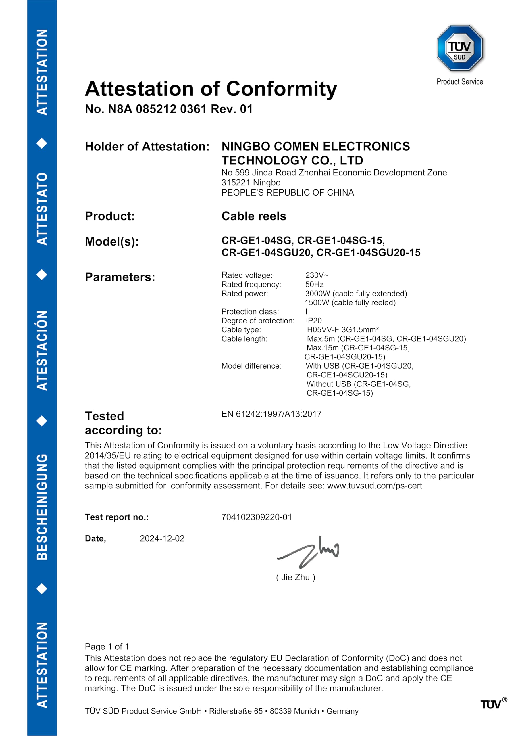 Carrete de cable 15 m con USB 20 W, certificado TÜV GS, interruptor térmico | 4 enchufes Schuko, manivela plegable para el hogar y camping al aire libre, rollo de cable de 16 A