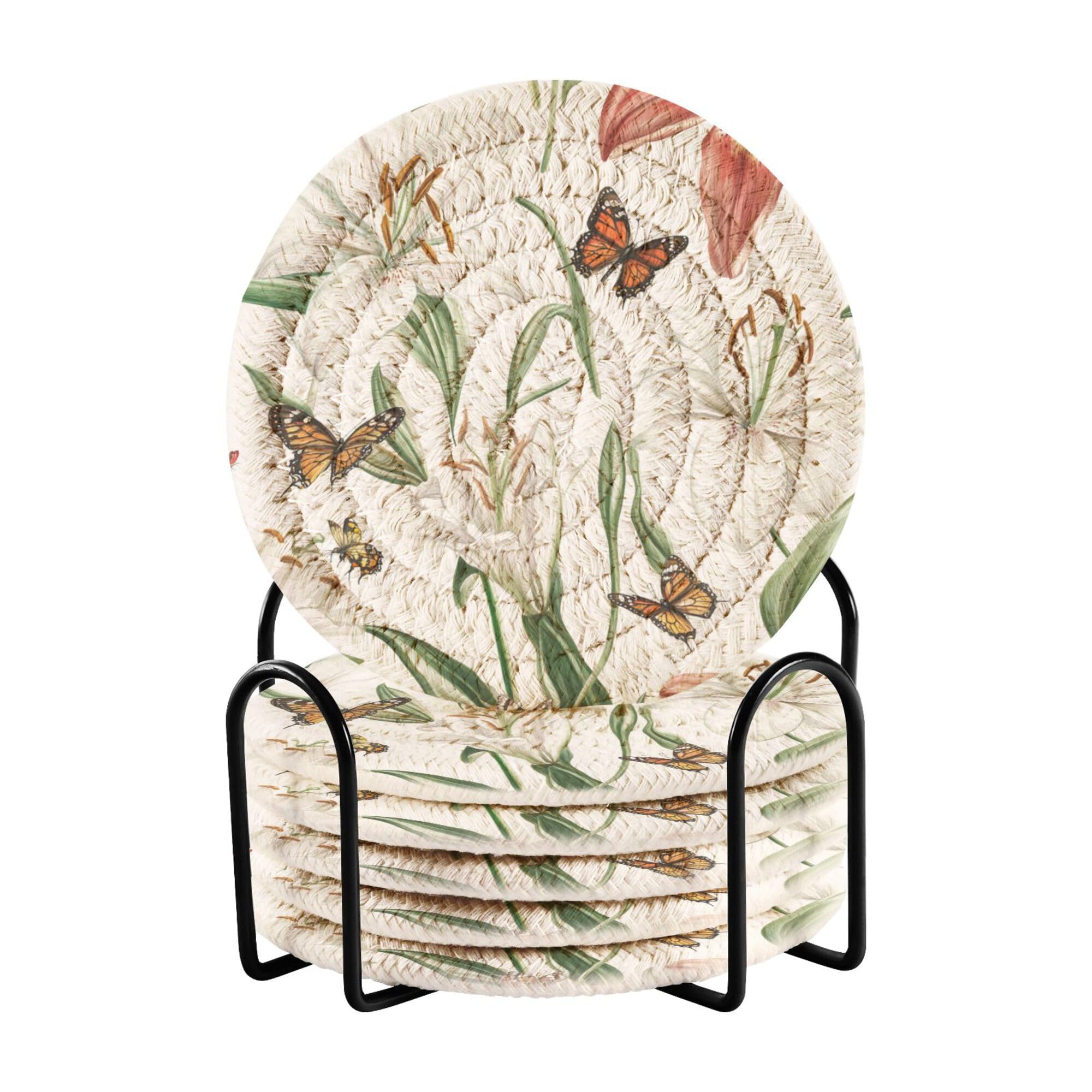 Vintage Lily White Cotton Rope Drink Coasters Absorbent Set of 6 with Holder Cotton Coasters