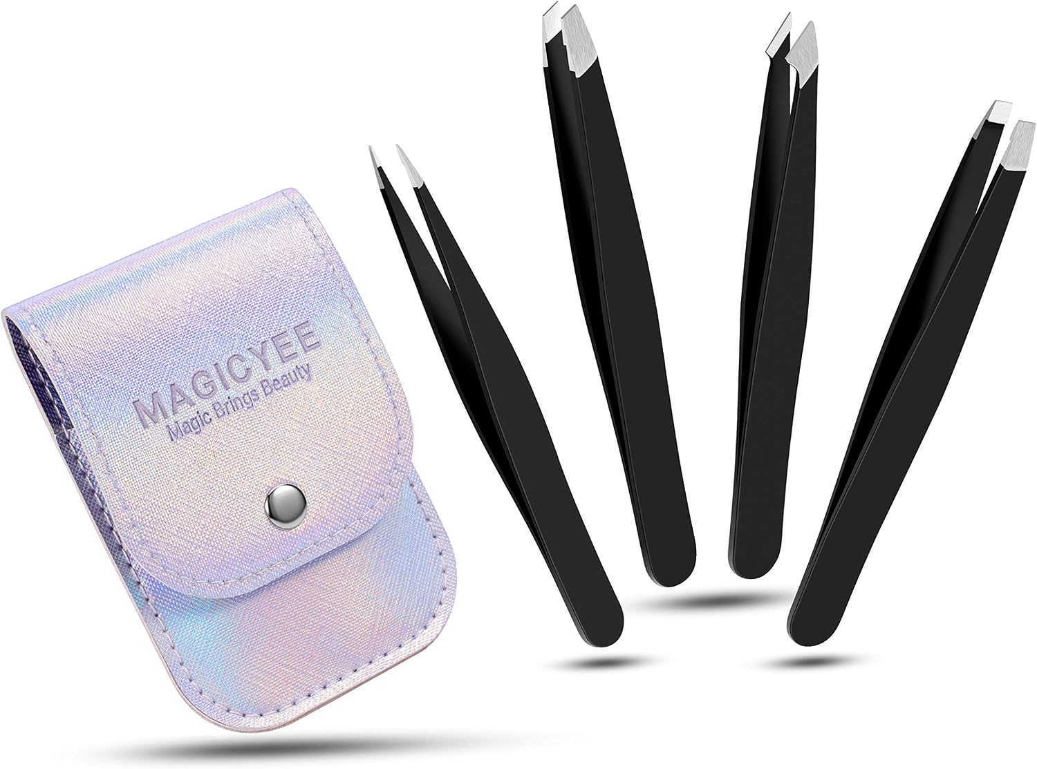 Tweezers Set-MagicYee 4pcs Tweezers for Eyebrows Tweezers for Woman/Men-Precision Eyebrow Tweezers Set with Travel Case for Ingrown/fine Hair Removal, Splinter Blackhead Remover Gifts (Black)