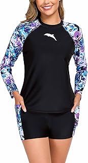 Women's Built in Bra Rash Guard Long Sleeve Swimwear UPF 50 Two Piece Swim Shorts and Tops