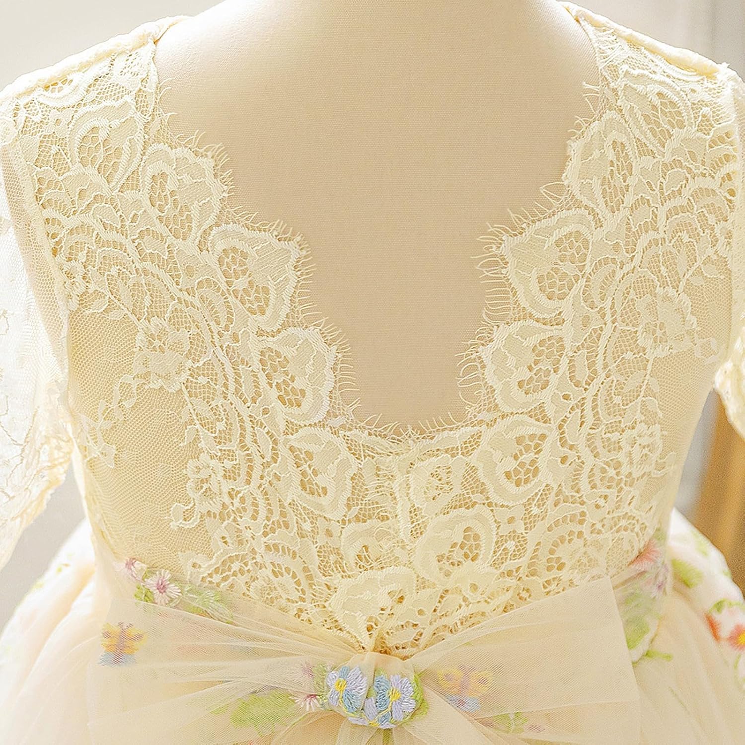 Girls Prom Gown Dresses Flower Girl Wedding Princess Dress Lace Mesh Sleeve Party Flower Embroidery Long Dresses